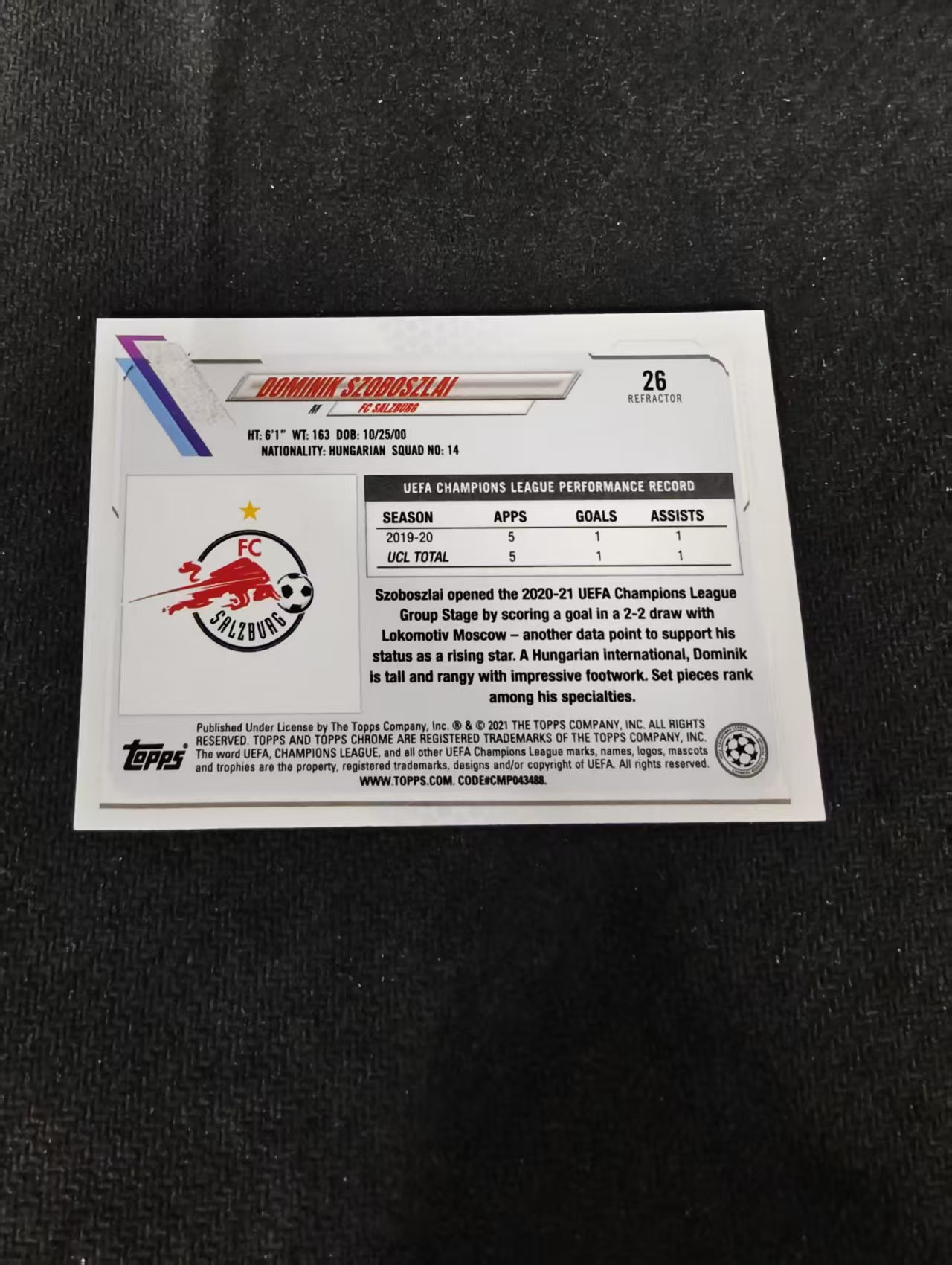 【可合并,不累计】2021 Topps Chrome Dominik Szoboszlai 萨尔茨堡 索博斯洛伊 欧冠 银折 划痕 边角瑕疵 #26