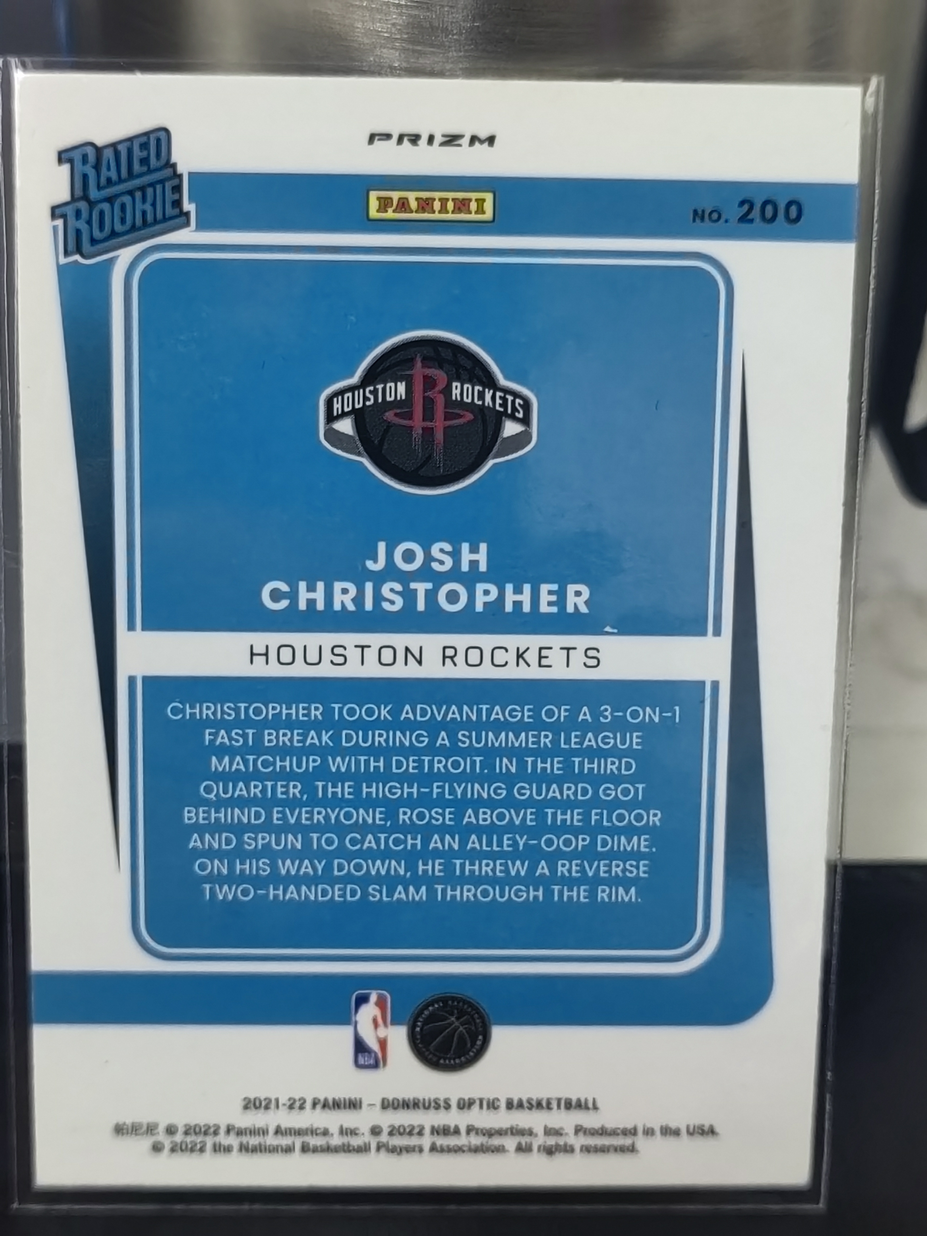 2021-22 Panini Donruss Optic Josh Christopher RC OP 新秀 蓝折射 蓝射线 约什 克里斯托弗 火箭 篮 白边白角 不保卡品 卡品如图