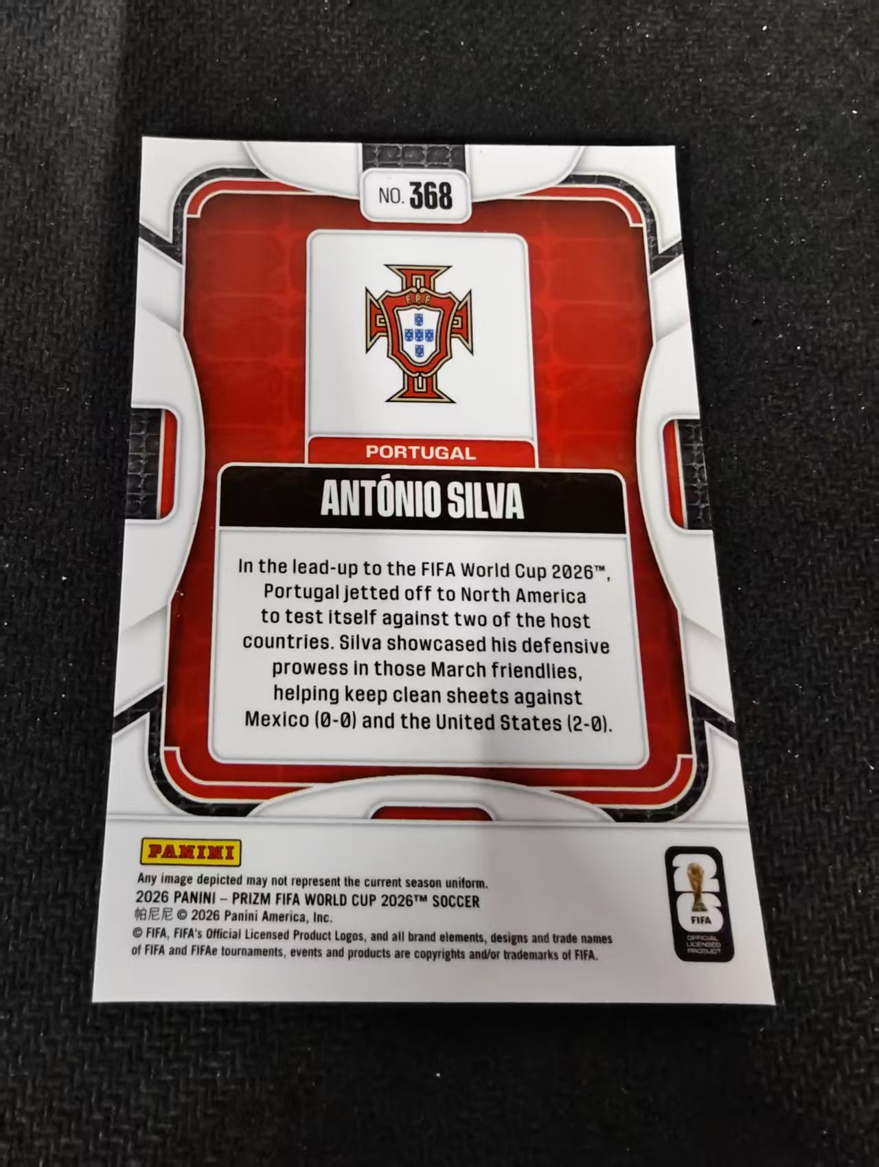2026 Panini World Cup Prizm Antonio Silva 世界杯 葡萄牙 安东尼奥 席尔瓦 本菲卡 PZ世界杯 划痕 边角瑕疵#368