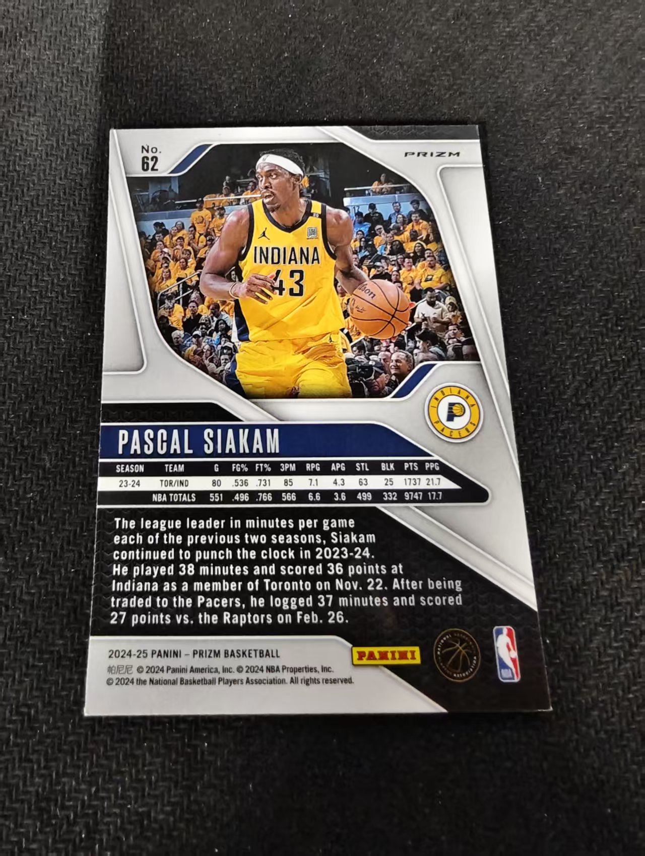2024-25 Panini Prizm PASCAL SIAKAM 步行者 西亚卡姆 绿碎冰 PZ 划痕 边角瑕疵 #62