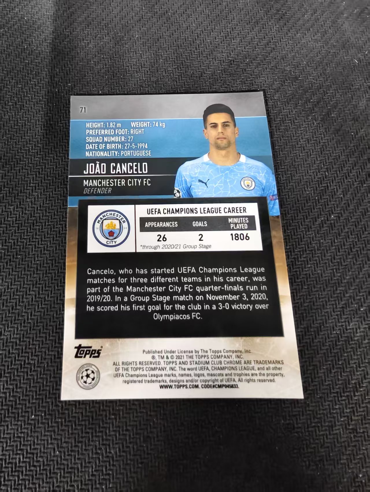 【可合并,不累计】2021 Topps Stadium Club Chrome Joao Cancelo 若昂 坎塞洛 曼城 竞技场 欧冠 划痕 边角瑕疵 #71