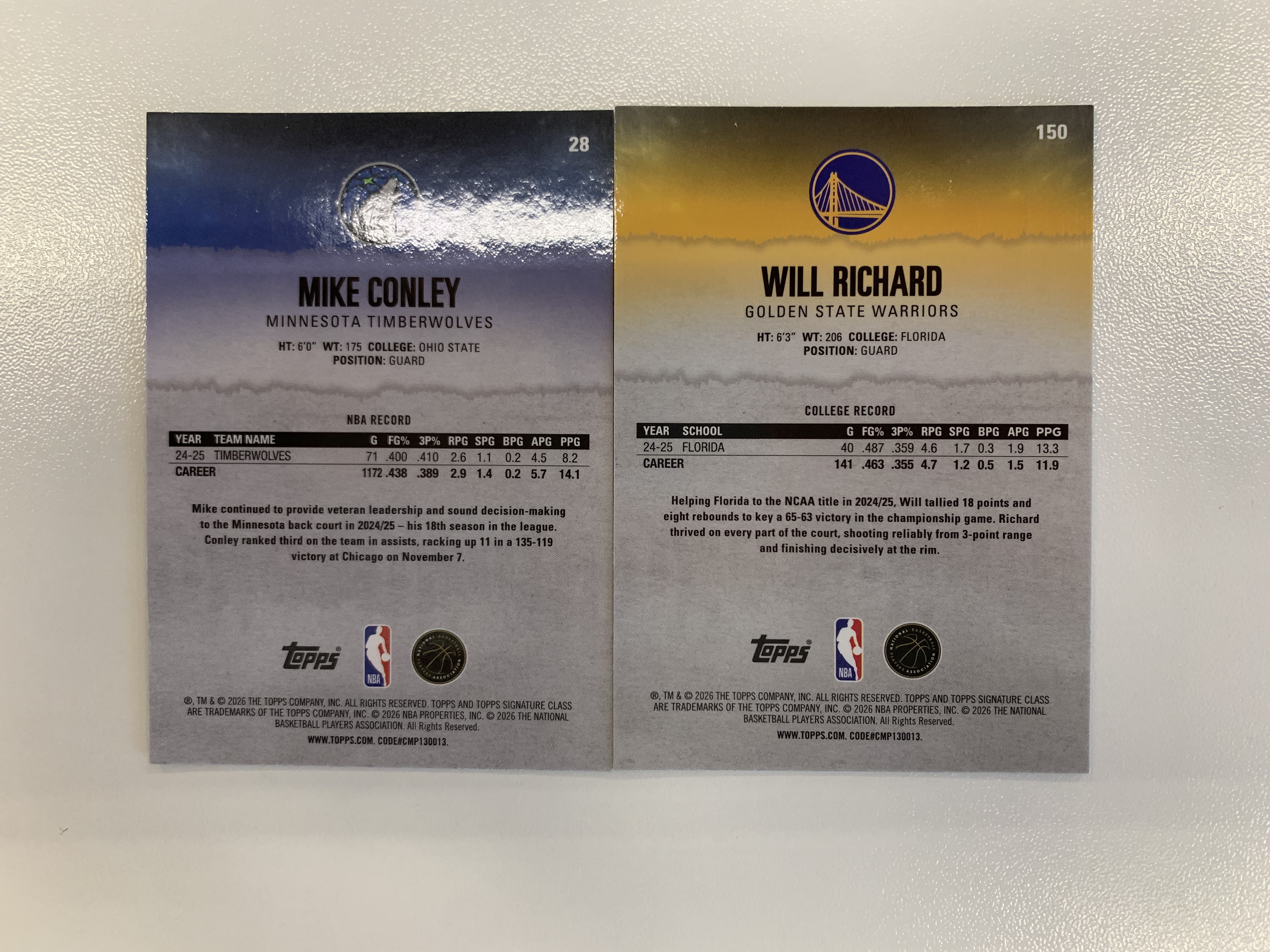 2025‑26 Topps Signature Class 175编青折 迈克康利 勇士新秀RC 威尔理查德 Will Richard SBX