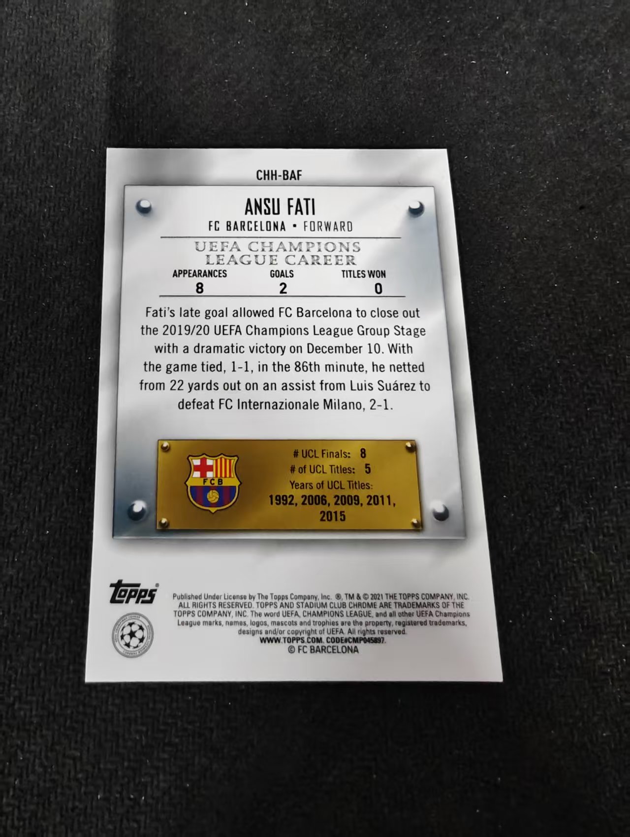 【可合并,不累计】2021 Topps Stadium Club Chrome Ansu Fati 安苏 法蒂 巴萨 竞技场 欧冠 银折 特卡 划痕 边角瑕疵