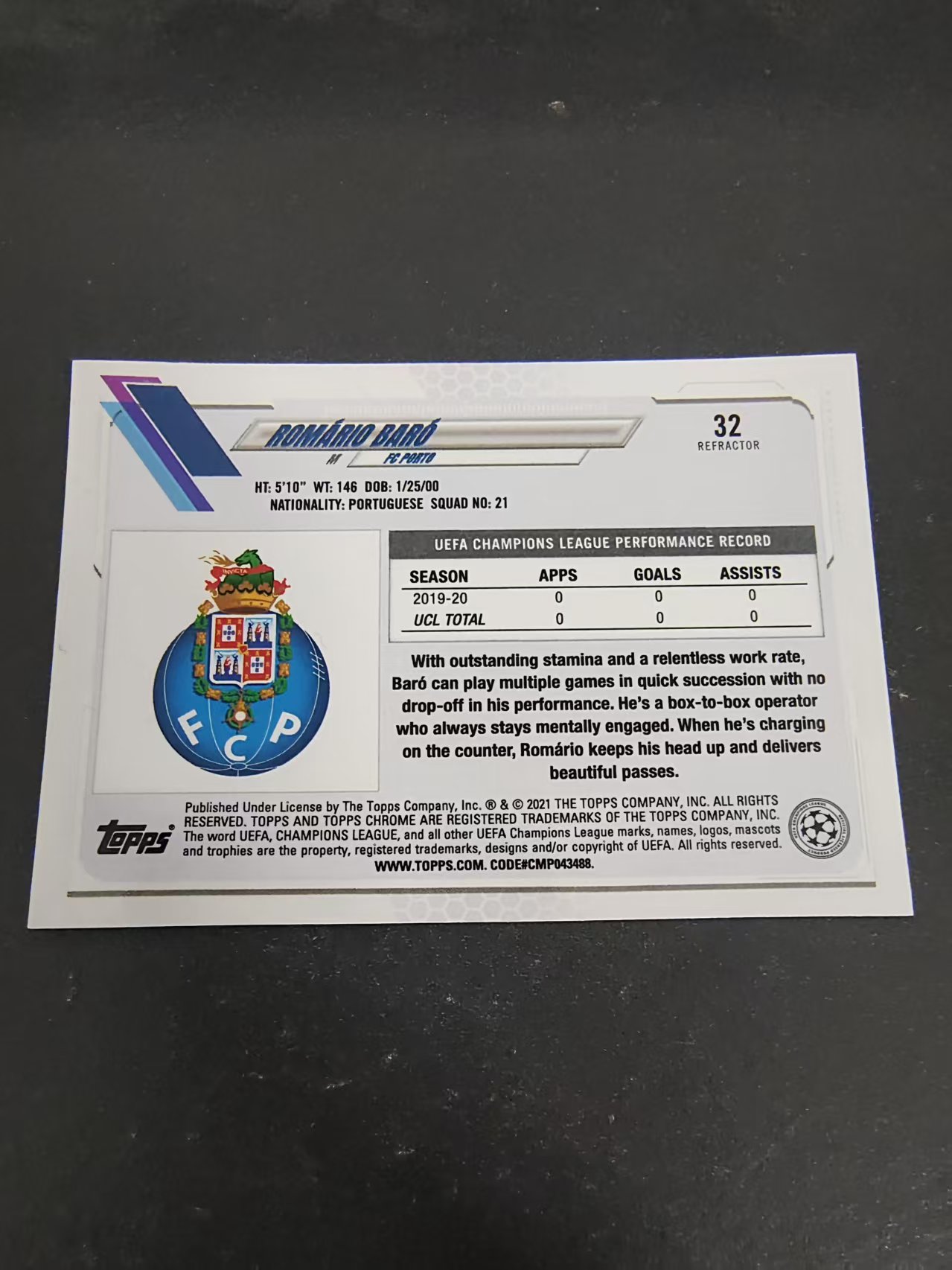 【可合并,不累计】2021 Topps Chrome romario baro 欧冠 布鲁日 罗马里奥巴洛 新秀RC 银折 #32