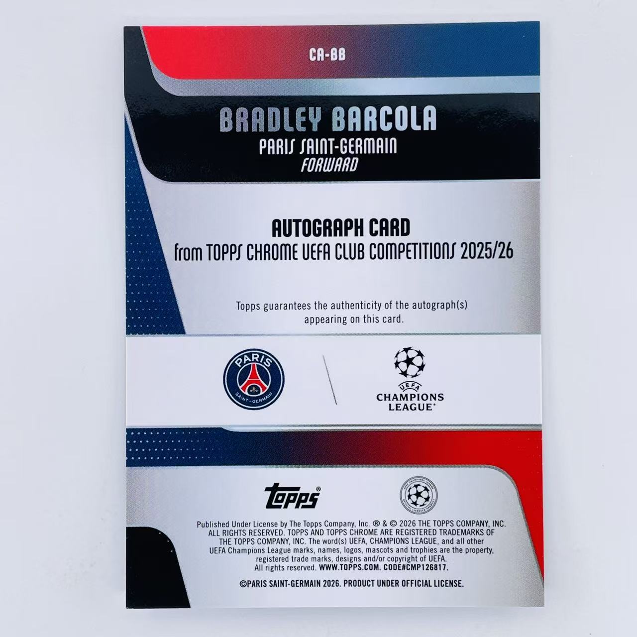 2025-26 Topps Chrome UCC Bradley Barcola 欧冠TC 法国 巴黎 布拉德利 巴尔科拉 签字 /75编 紫几何折 未来可期 阿森纳利物浦目标 Jeff# N