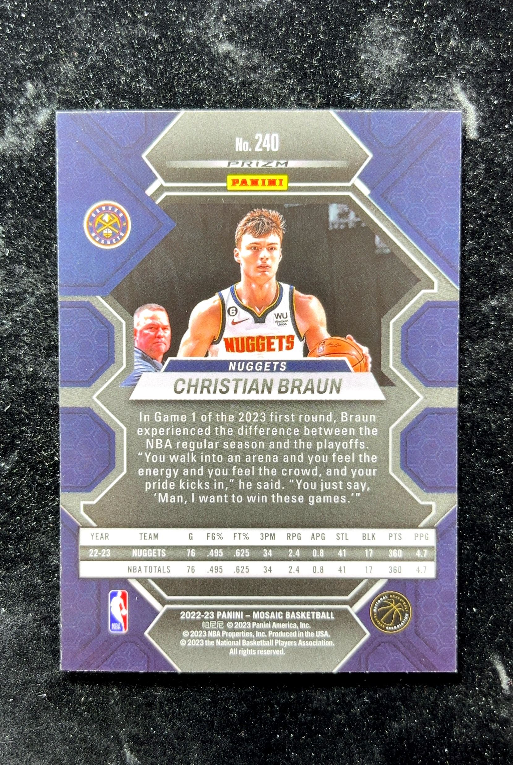 【小白1%代卖】2023 Panini Mosaic Prizm Christian Braun 克里斯蒂安·布朗 红波纹折 折射 新秀 RC 卡品如图 高价值 #240 Nuggets 0702