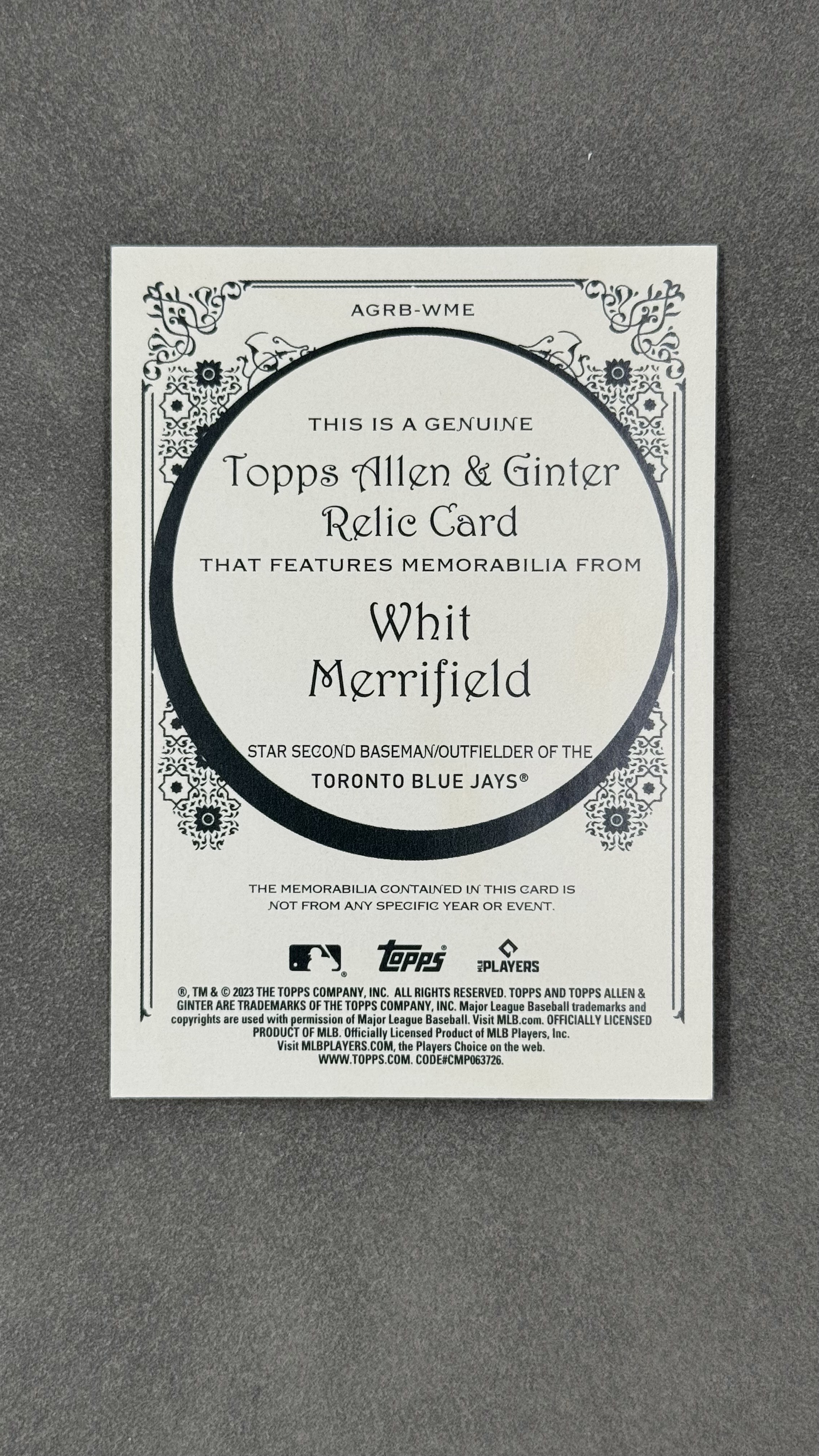 2023 Topps Allen & Ginter Whit Merrifield 蓝鸟队 惠特・梅里菲尔德 game- used 亲穿球衣 值得凑套收藏 #AGRB-WME