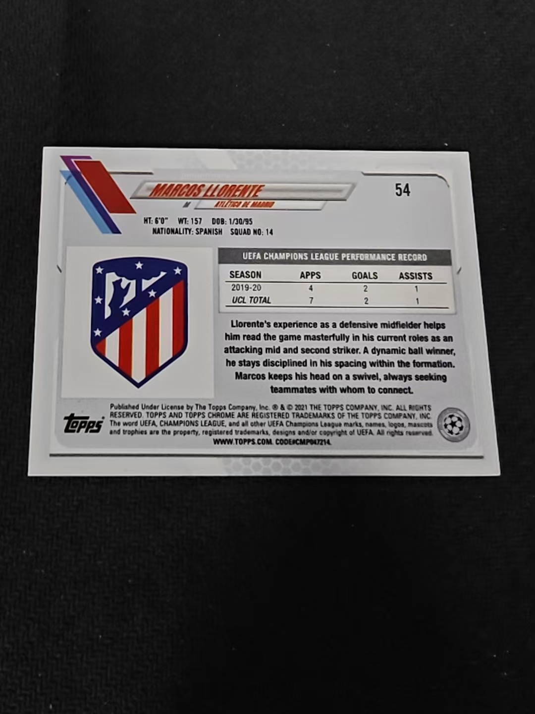 【可合并,不累计】2021 Topps Chrome Marcos Llorente 马科斯 略伦特 马竞 欧冠 蓝宝石 蓝碎冰 #54 不保卡品 介意勿拍