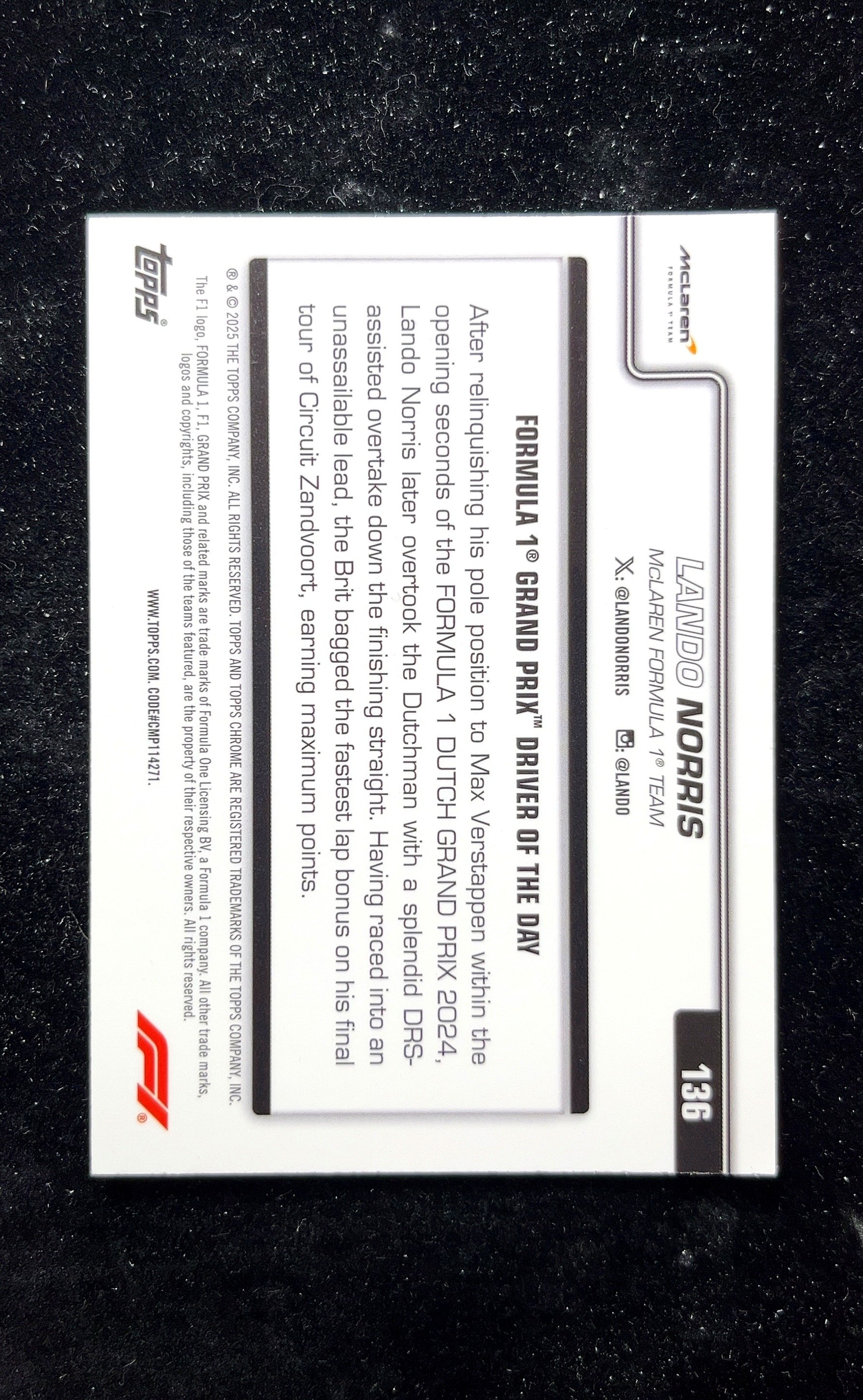 【小白1%代卖】2025 Topps Chrome Driver of the Day 当日最佳车手 Lando Norris 兰多·诺里斯 卡品如图 高价值 #136 McLaren 0625
