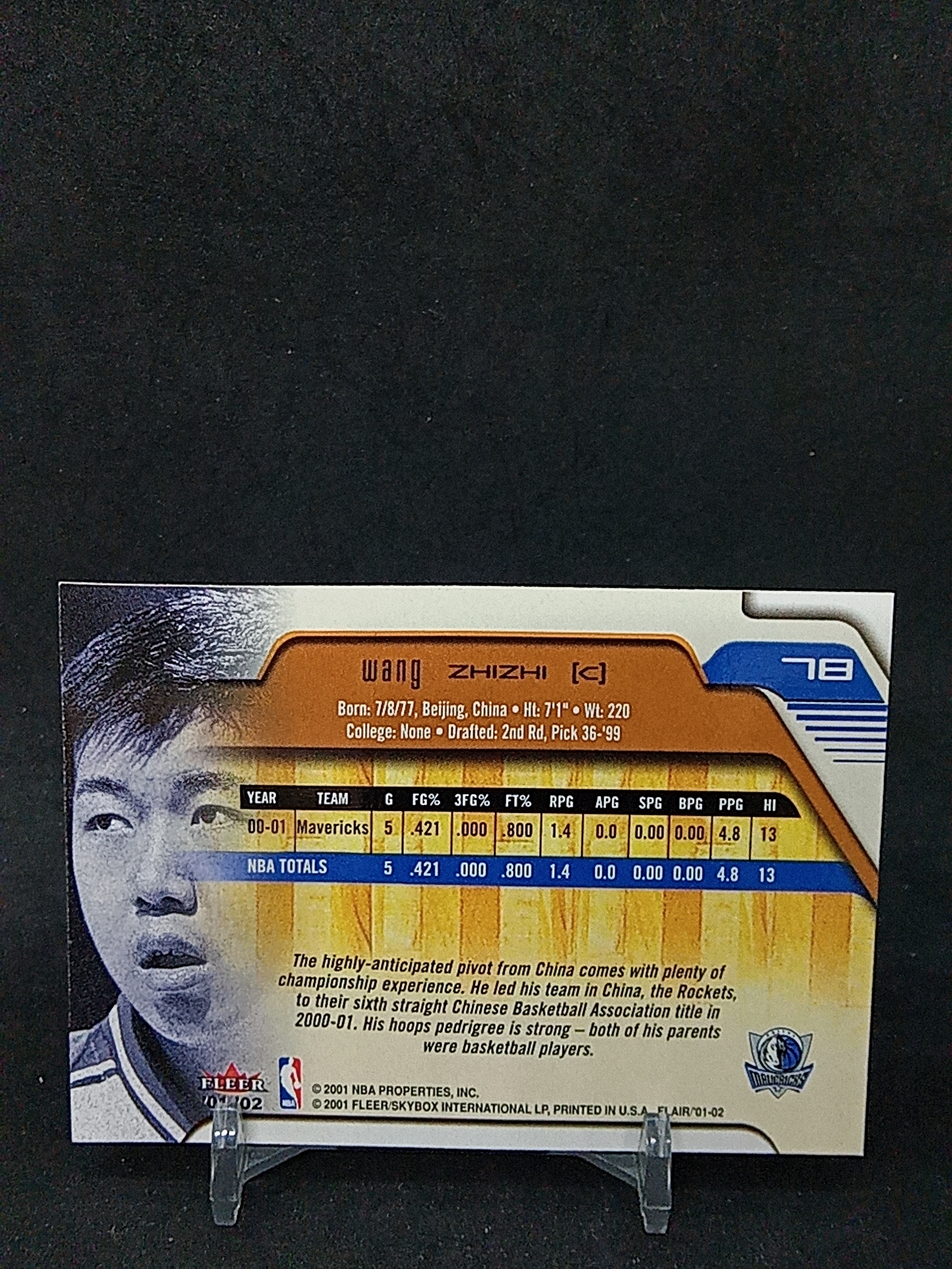 【DC拍卖】9.26HK 01-02 Fleer Flair 王治郅 Wang Zhizhi 独行侠(小牛)Base 普卡 浮雕质感 中国名宿老 NBA 球星卡