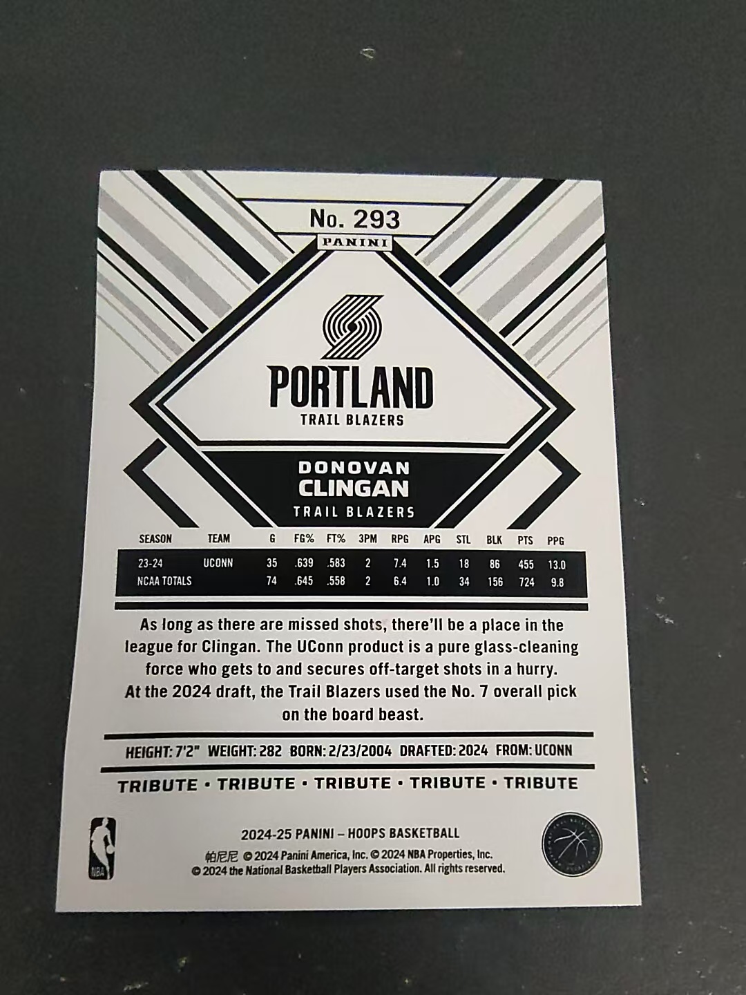 【汽水拍卖】2024-25 Panini Hoops Donovan Clingan RC 多诺万 克林根 新秀 开拓者 特卡 边角瑕疵 #293