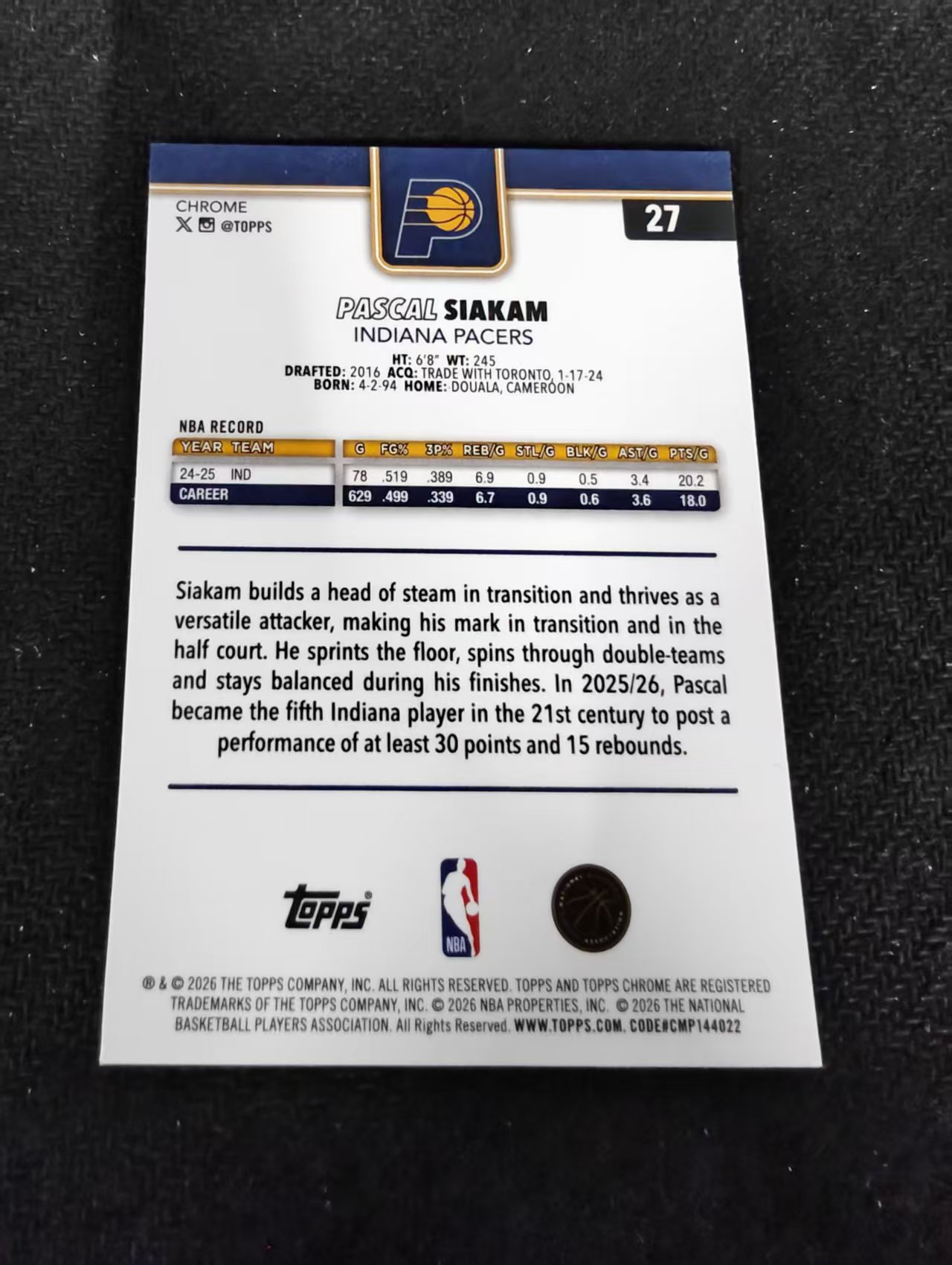 2026 Topps Chrome Update Pascal Siakam 帕斯卡尔 西亚卡姆 步行者 TCU 划痕 边角瑕疵 #27