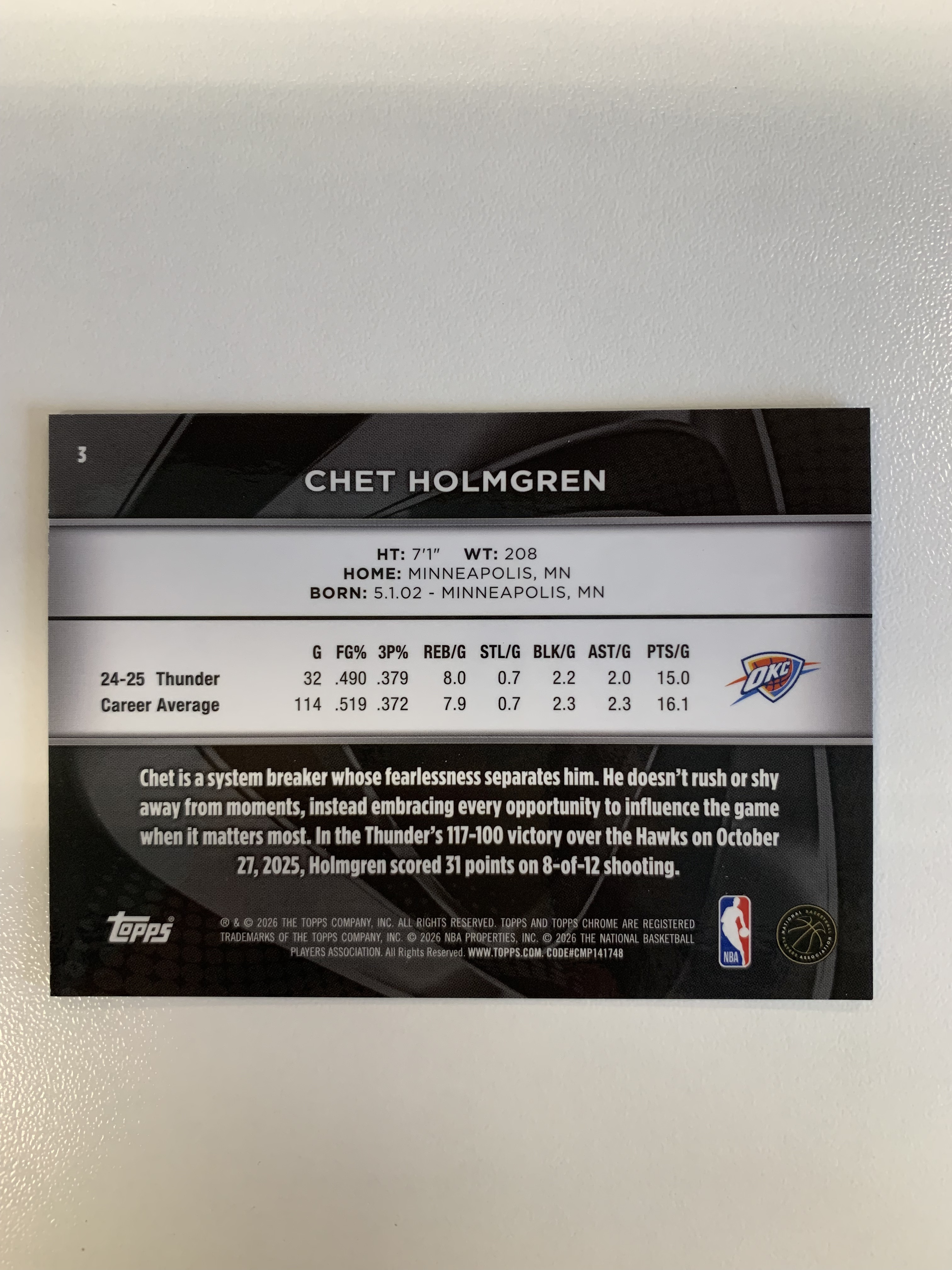 2025‑26 Topps Chrome Black Chet Holmgren 切特 霍姆格伦 雷霆 75编紫折 SBX