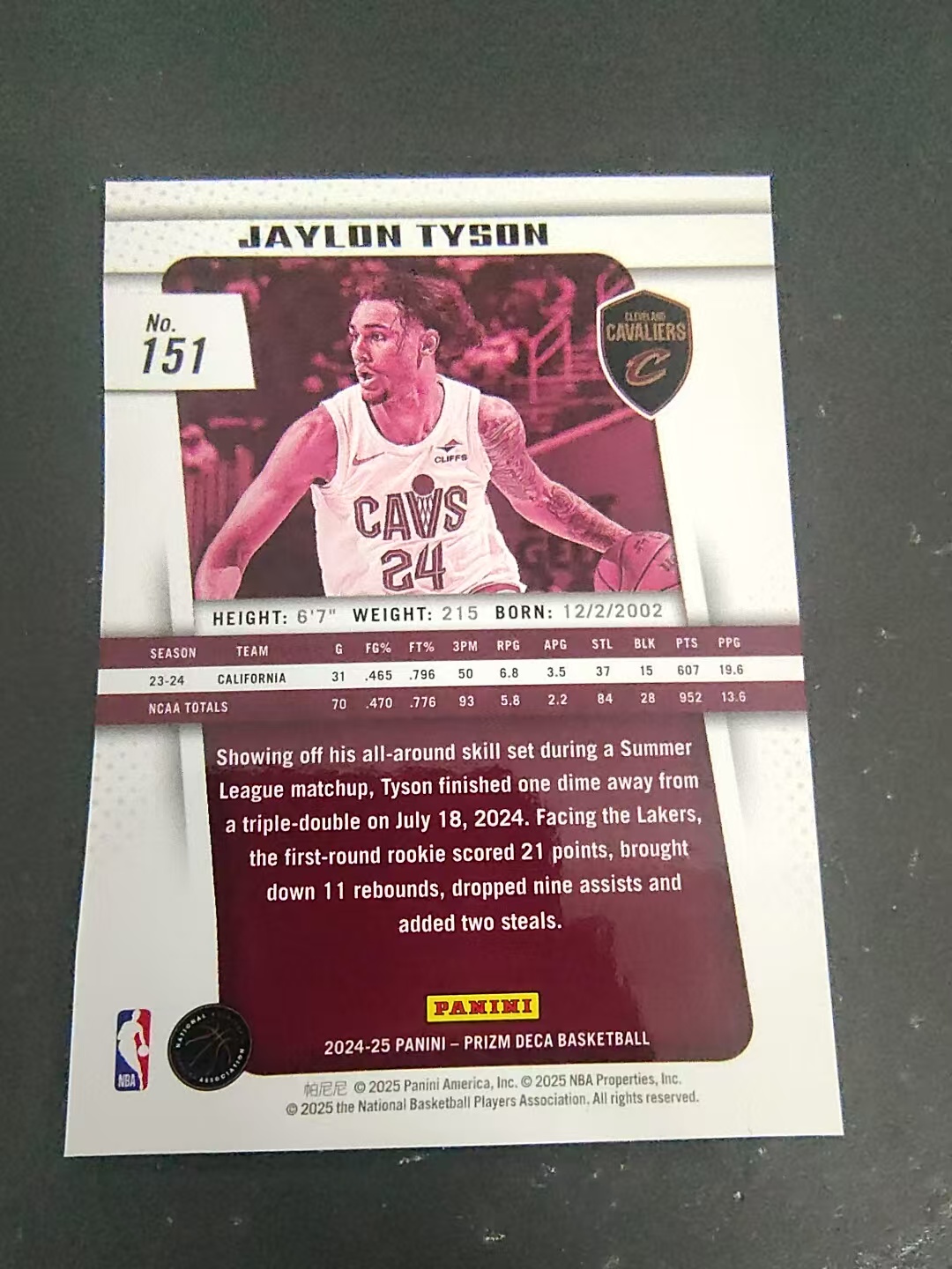 【可合并,不累计】2024-25 Panini Prizm Deca Jaylon Tyson 骑士 杰隆 泰森 新秀 PZ 复刻 划痕 边角瑕疵 #151