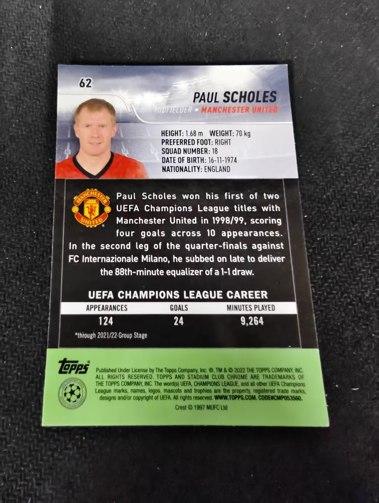 【可合并,不累计】2022 Topps Stadium Club Chrome Paul Scholes 保罗 斯科尔斯 曼联 竞技场 欧冠 划痕 边角瑕疵 #62