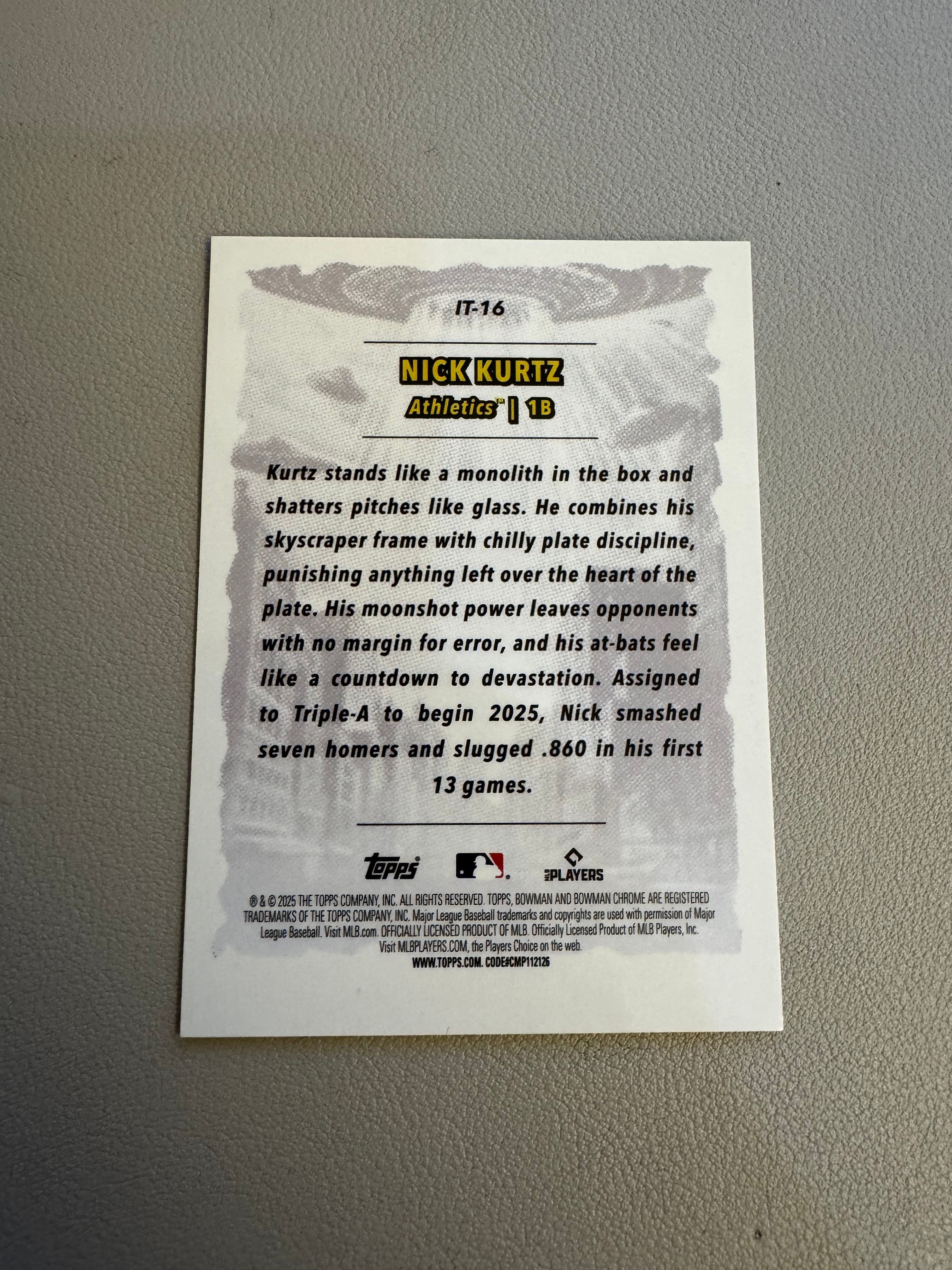2025 Topps bowman nick kurtz RC 尼克 科尔茨 新秀来到大联盟特卡 收藏投资必备 第一张