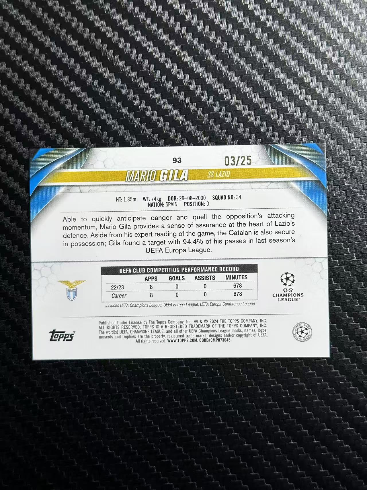 2024 Topps UCC mario gila 欧战 龙年碧玉 拉齐奥 希拉 橙玉折 03/25编 卡品如图 拍前看描述