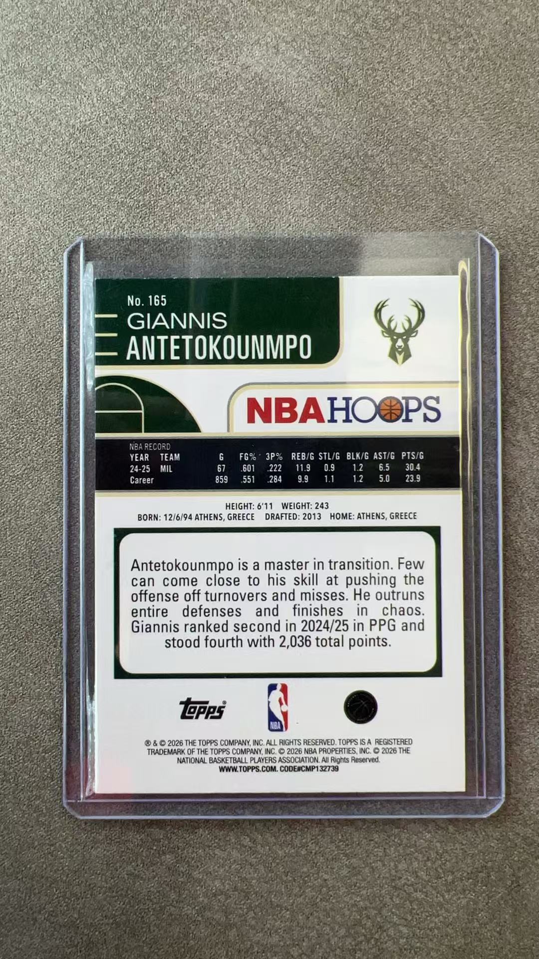 7805【330球星卡实体店代卖】2026 Topps HOPPS 字母哥 扬尼斯 阿德托昆博 Giannis Antetokounmpo 雄鹿 06/99编 仅顺丰寄付 (道明寺)