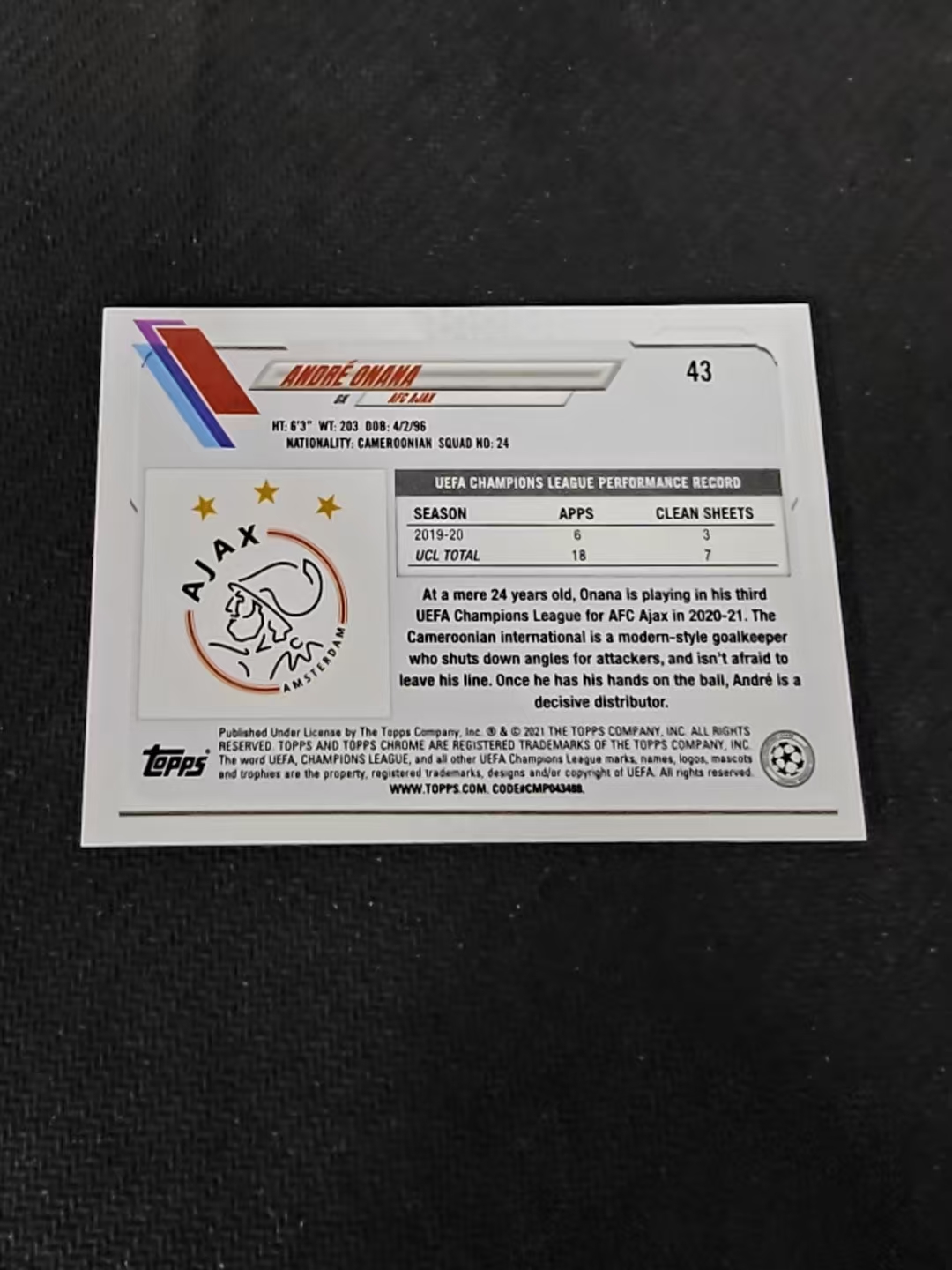 【可合并,不累计】2021 Topps Chrome andre onana 安德烈 奥纳纳 阿贾克斯 碎花折 碎点折 欧冠 划痕 边角瑕疵 #43