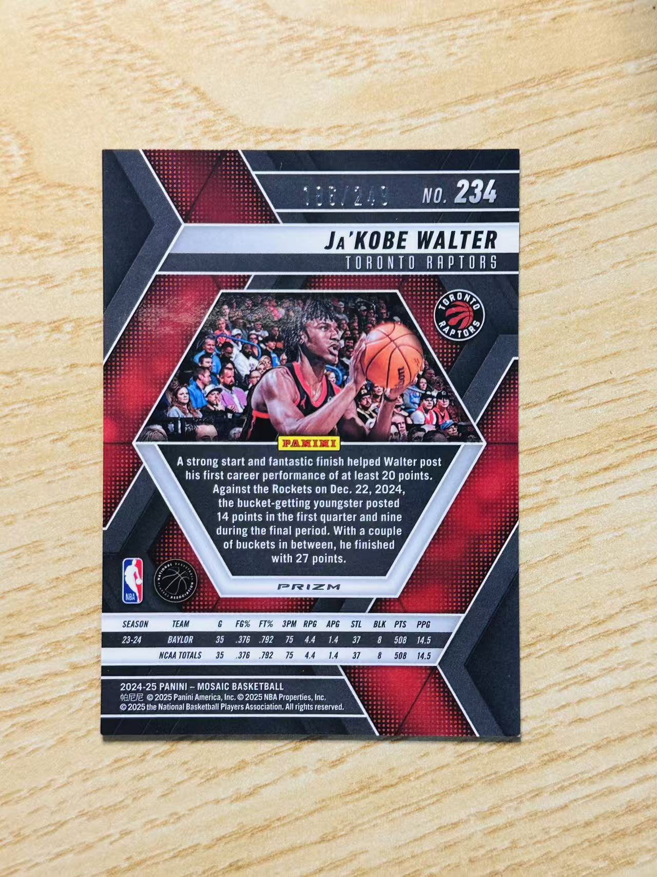 2024-25 Panini Mosaic Ja'Kobe Walter 嘿嘿代卖 马赛克 贾科比 沃尔特 新秀 RC 249编 橙折 猛龙 收藏必备
