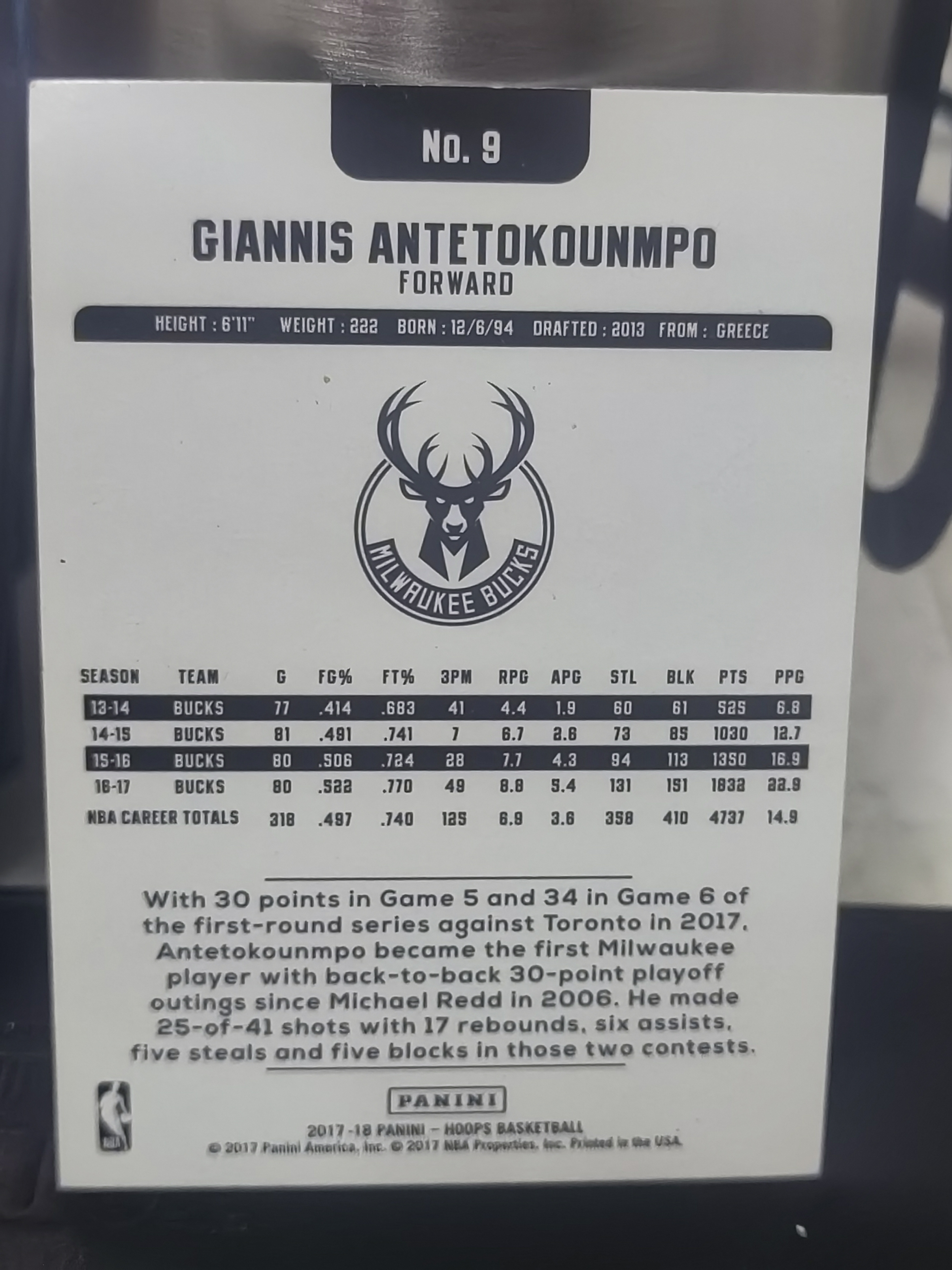 2017-18 Panini Hoops Giannis Antetokounmpo Hoops 扬尼斯 阿德托昆博 字母哥 雄鹿 篮 白边白角 不保卡品 卡品如图