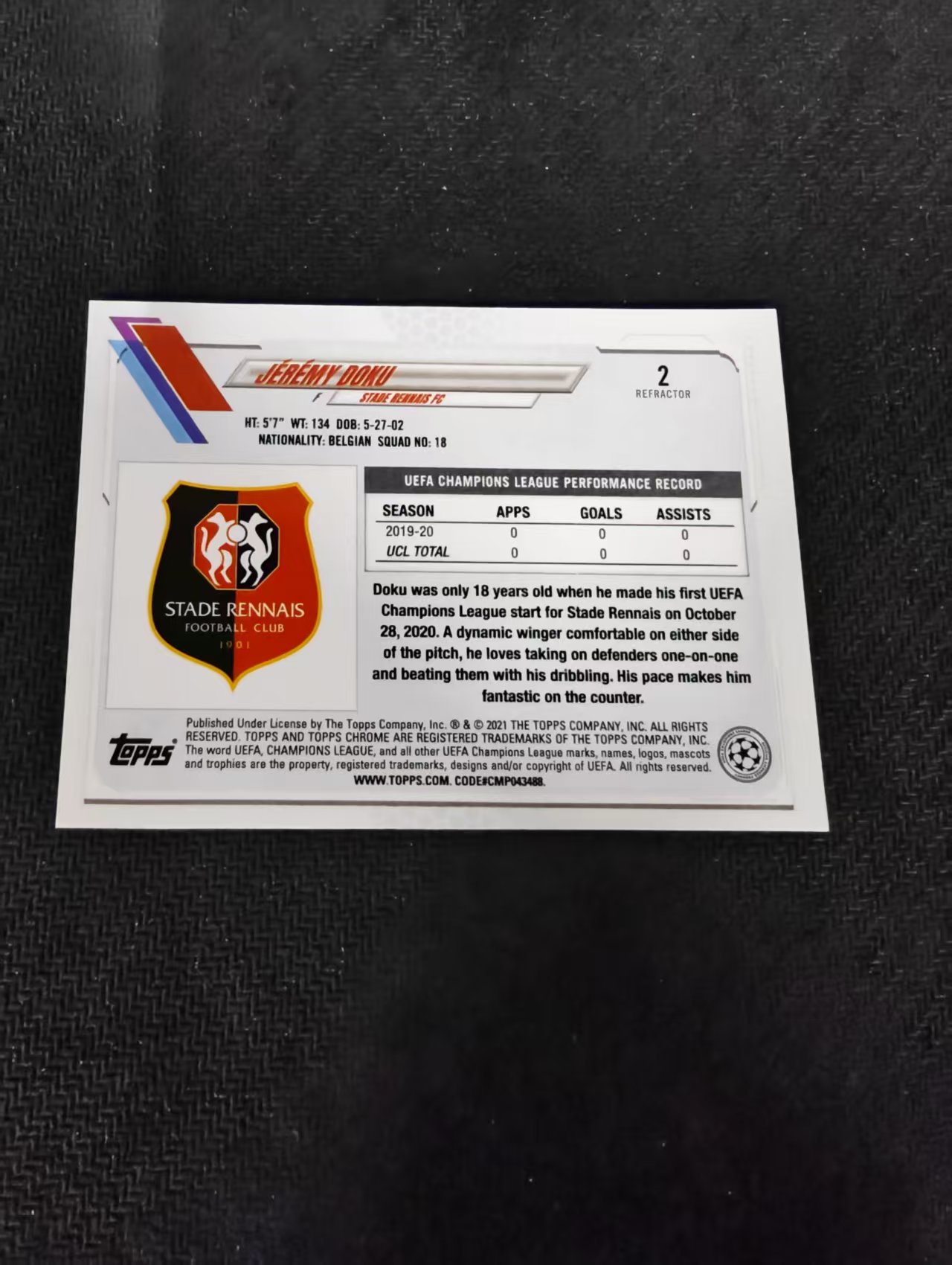 【可合并,不累计】2021 Topps Chrome Jérémy Doku RC 多库 雷恩 曼城 曼彻斯特城 比利时 RC新秀 欧冠 银折 划痕 边角瑕疵 #2