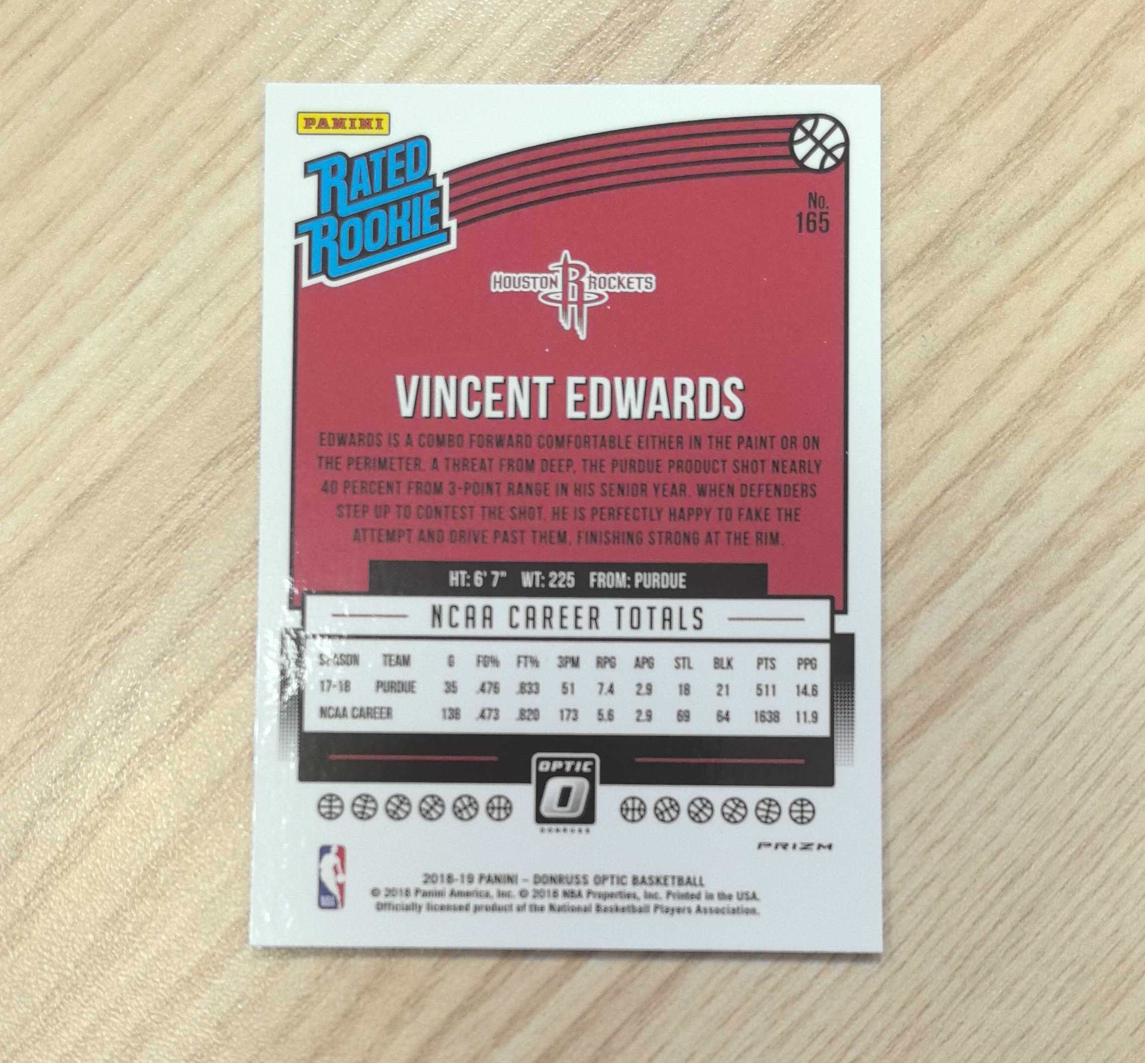 2018-19 Panini Donruss Vincent Edwards RC 文森特·爱德华兹 杜蕾斯 新秀卡 火箭二轮秀 先后效力于火箭、雷霆和国王 硬通货 极具收藏价值