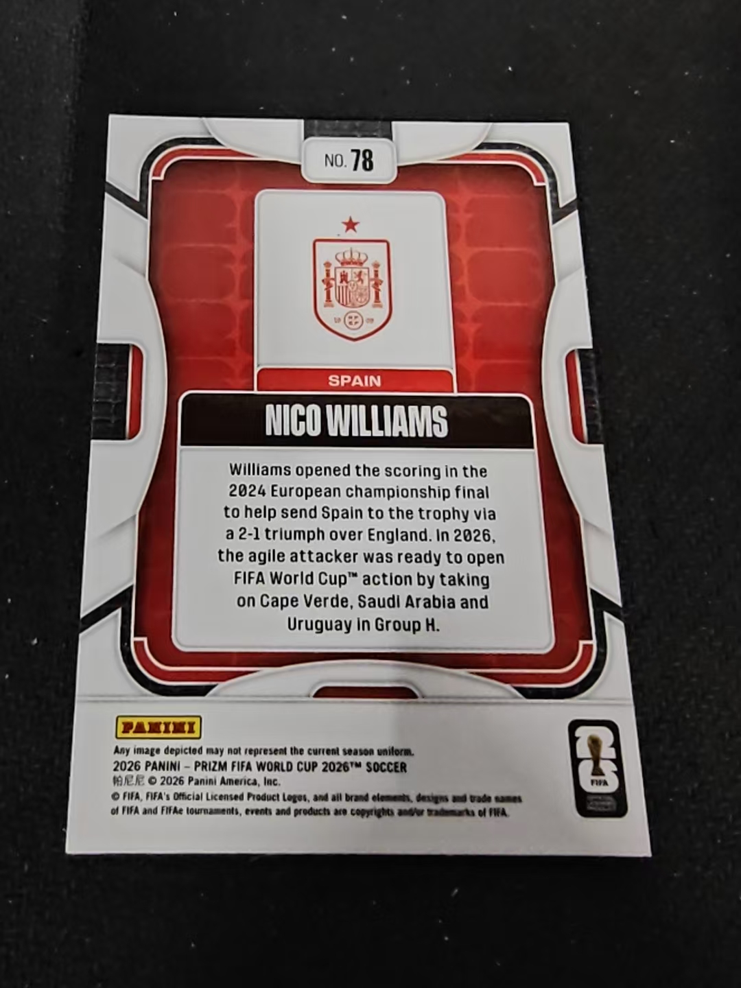 2026 Panini World Cup Prizm Nico Williams 尼科 威廉姆斯 毕尔巴鄂竞技 西班牙 PZ世界杯 划痕 边角瑕疵#78