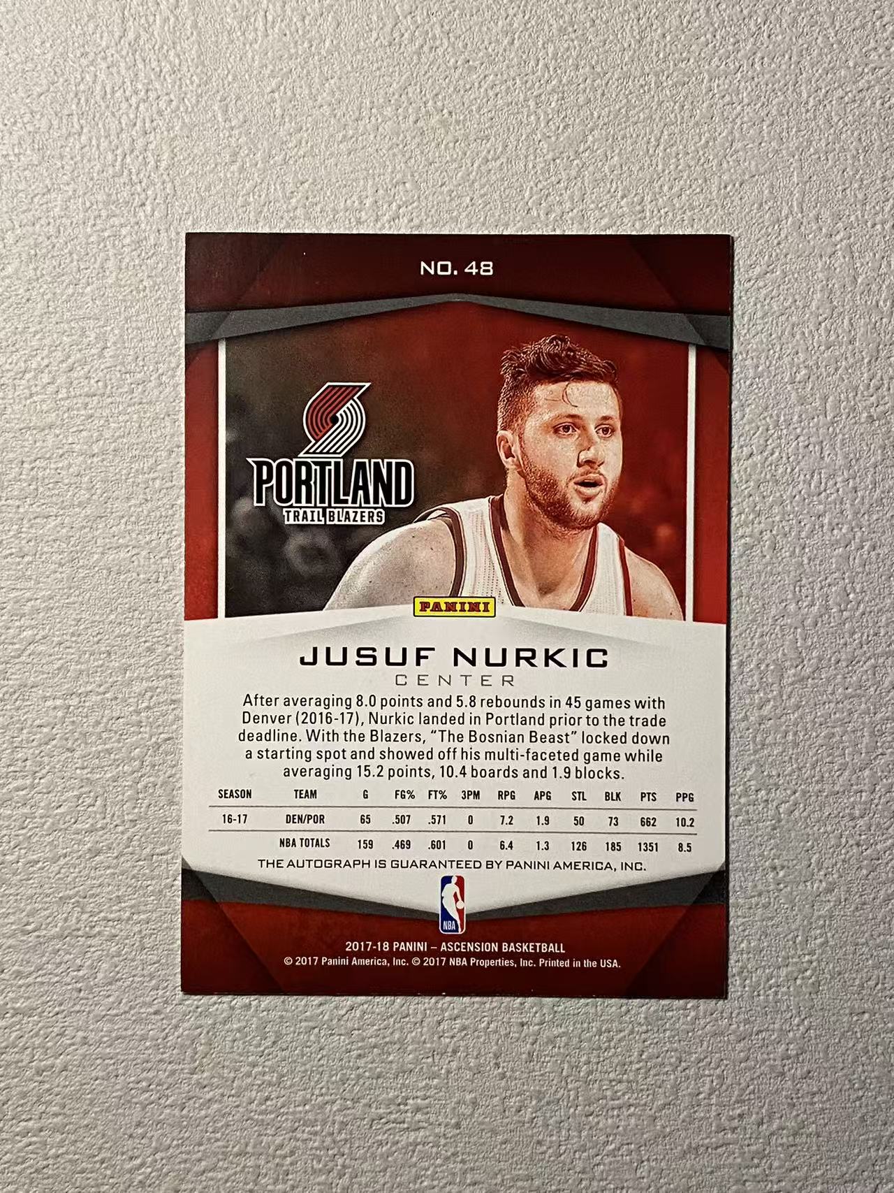 2017-18 Panini Ascension Jusuf Nurkic 开拓者 努尔基奇 /149编 签字 经典老卡 收藏必备