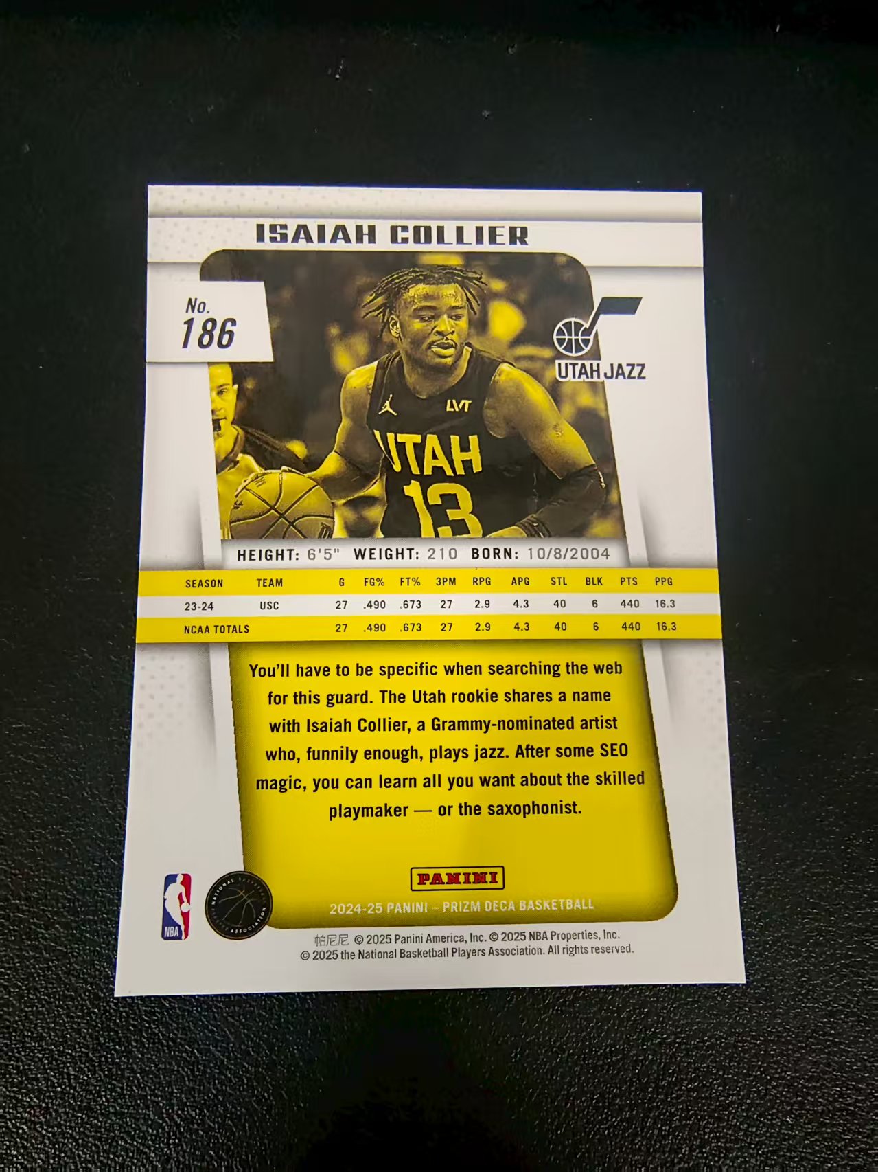 【可合并,不累计】2024-25 Panini Prizm Deca Isaiah Collier 复刻PZ系列 新秀RC 以赛亚 科利尔 爵士 划痕 边角瑕疵 #186