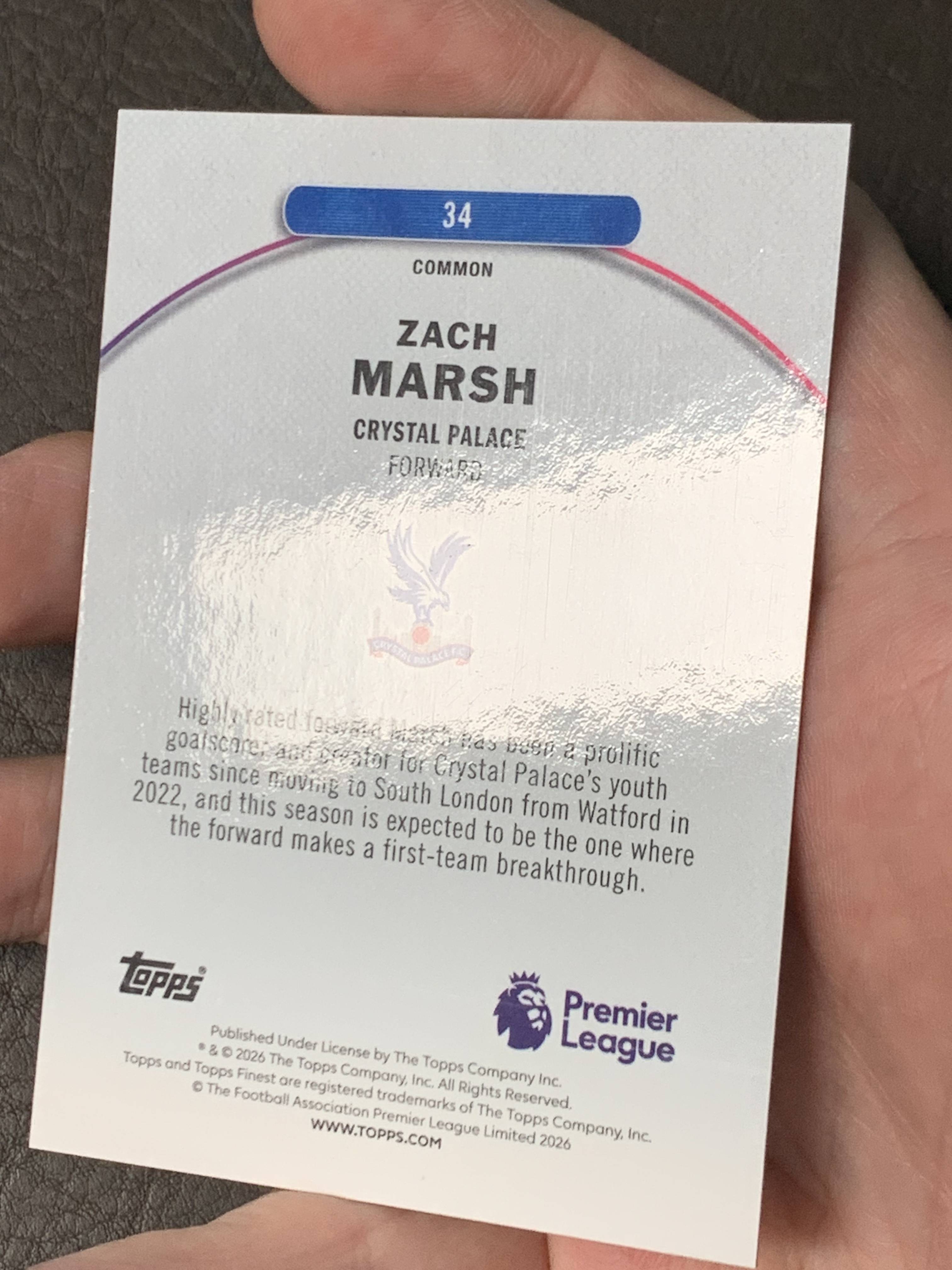 2026 Topps Finest MARSH 扎克 马什 RC 新秀 水晶宫 Zach Marsh 英超 一级 3/150 紫格子折