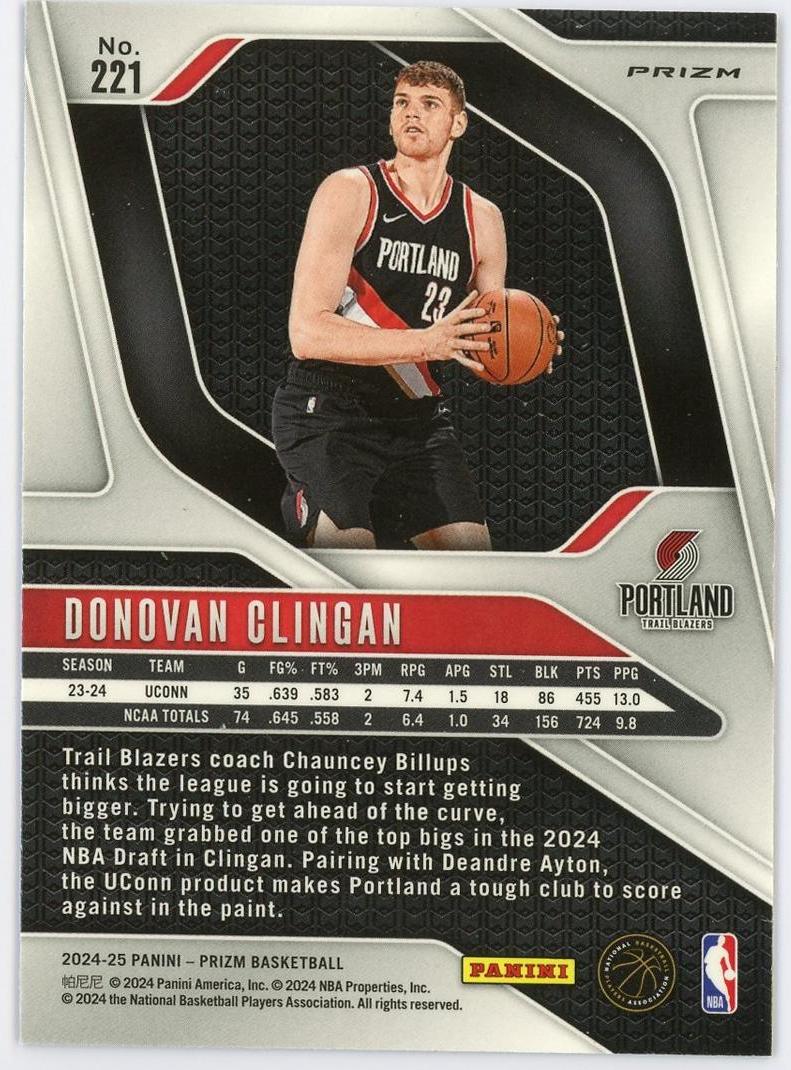 2024-25 Panini Prizm Donovan Clingan RC 多诺万克林根 新秀 pz 正银折 折射 开拓者 卡品如图 0YQ3/11.16