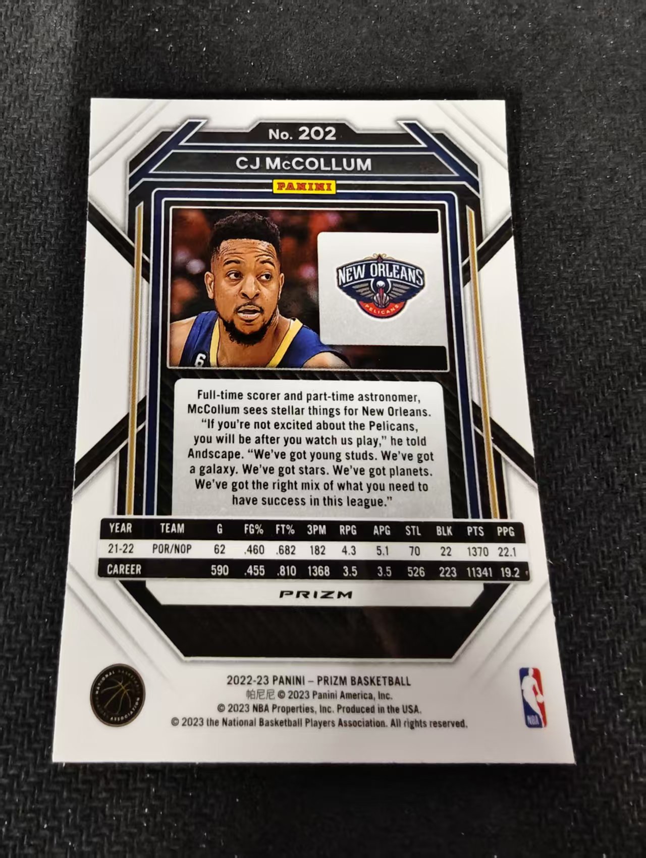 2022-23 Panini Prizm Cj Mccollum CJ 麦科勒姆 鹈鹕 红波纹 PZ 划痕 边角瑕疵 #202