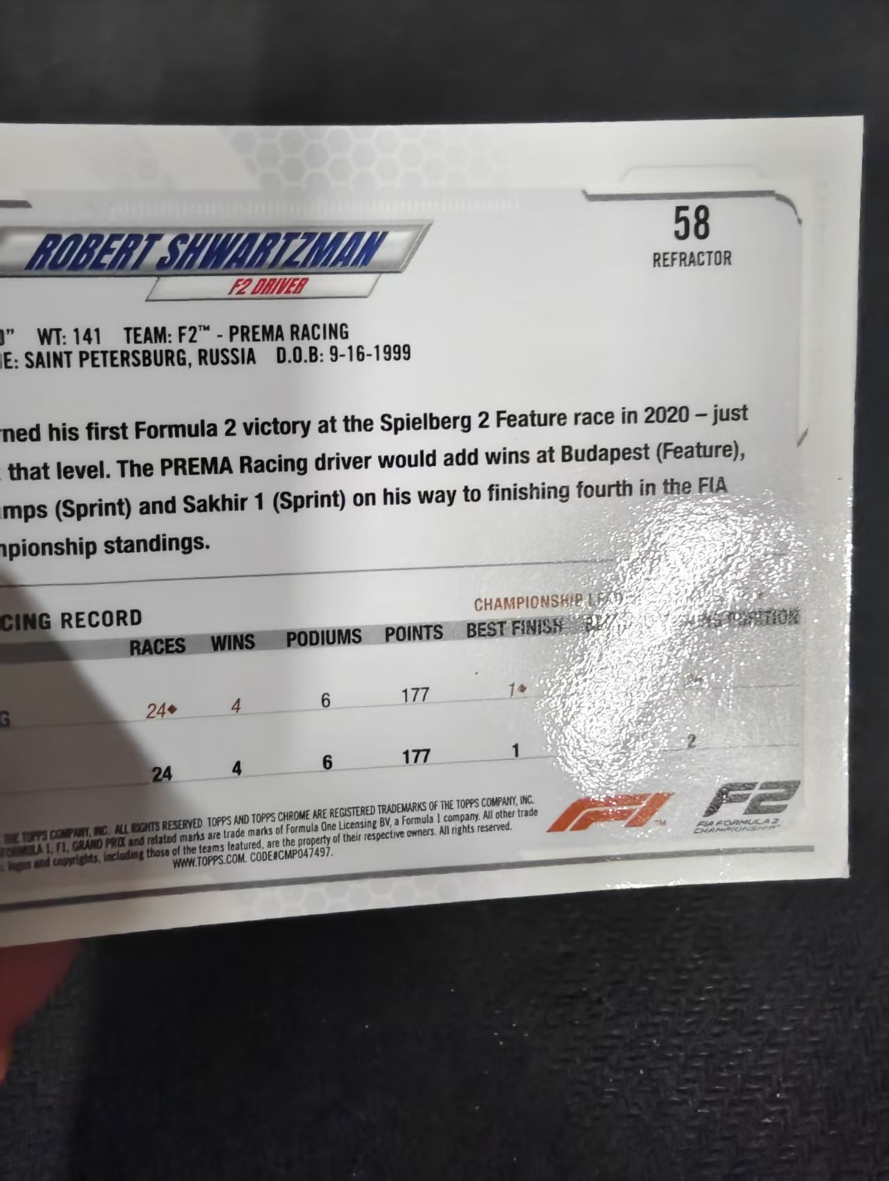 2021 Topps Chrome F1 Robert Shwartzman 罗伯特 施瓦茨曼 银折 划痕 边角瑕疵 #58