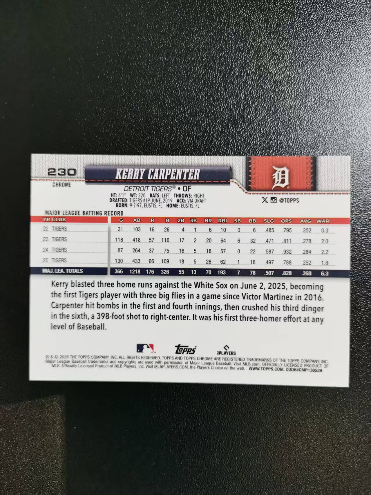 2026 Topps Chrome Kerry Carpenter 凯瑞卡彭特 TC棒球 MLB 折射 收藏凑套 卡品如图 免费代拍CC23