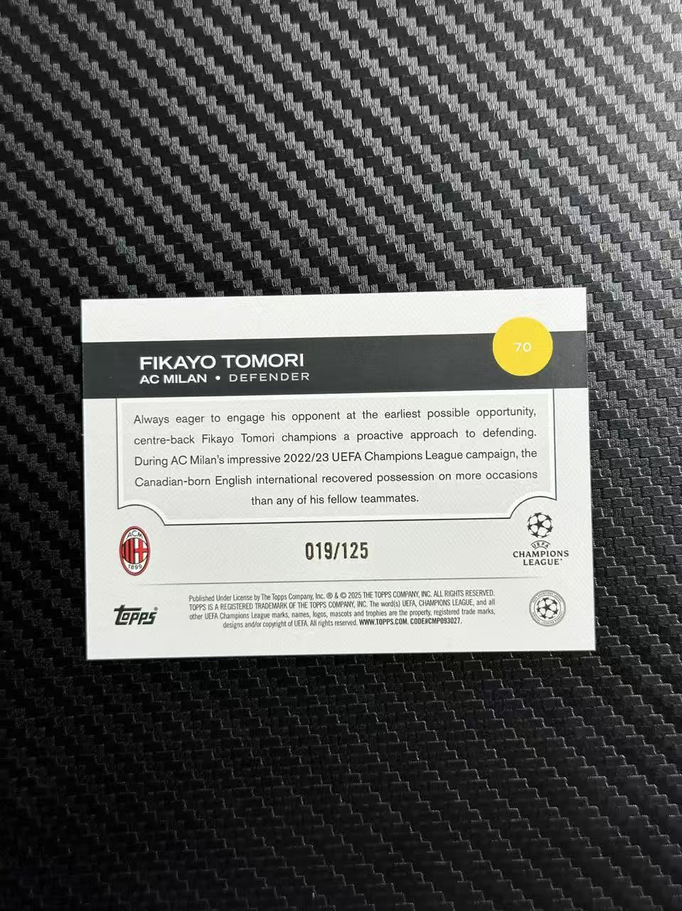 2025 Topps UCC Fikayo Tomori 菲卡约 托莫里 019/125编 AC米兰 蓝折 卡品如图 拍前看描述