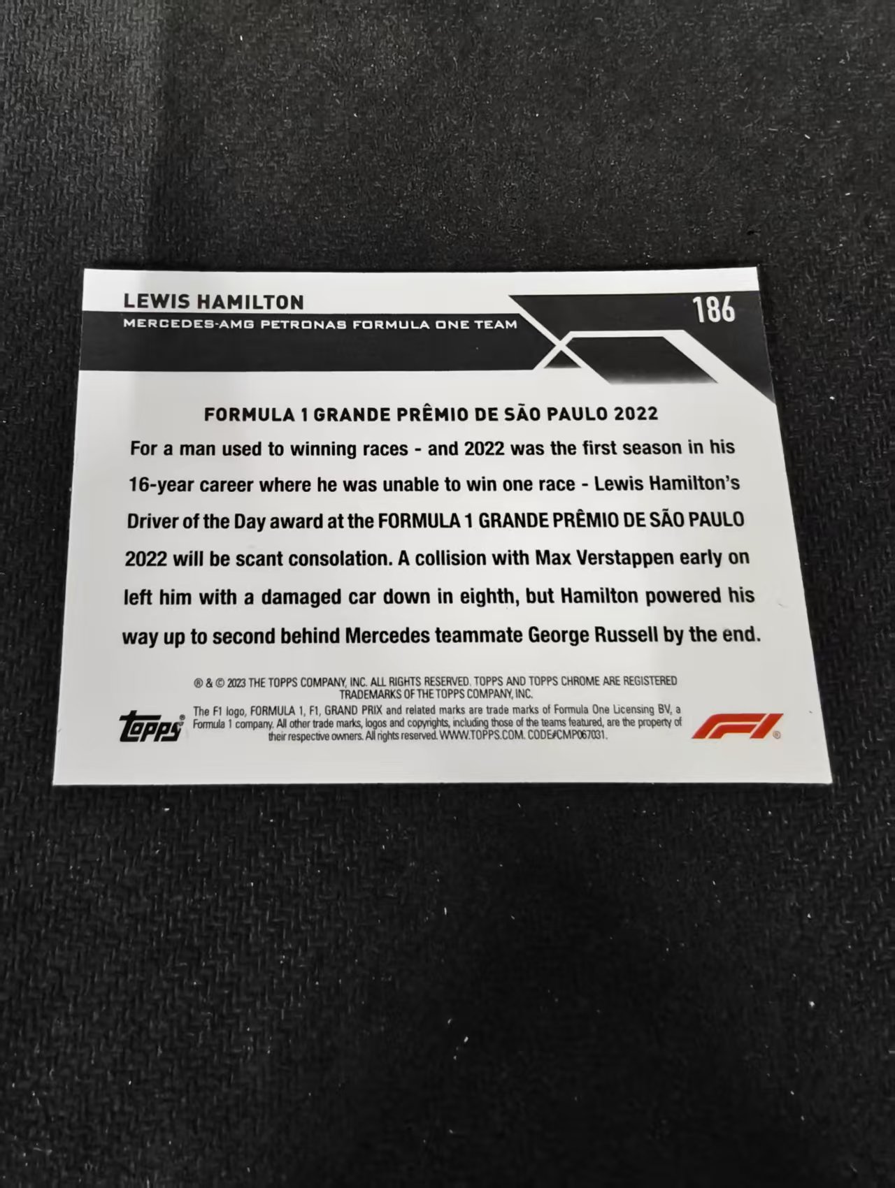 2023 Topps Chrome Lewis Hamilton F1 梅奔AMG 刘易斯 汉密尔顿 划痕 边角瑕疵 #186