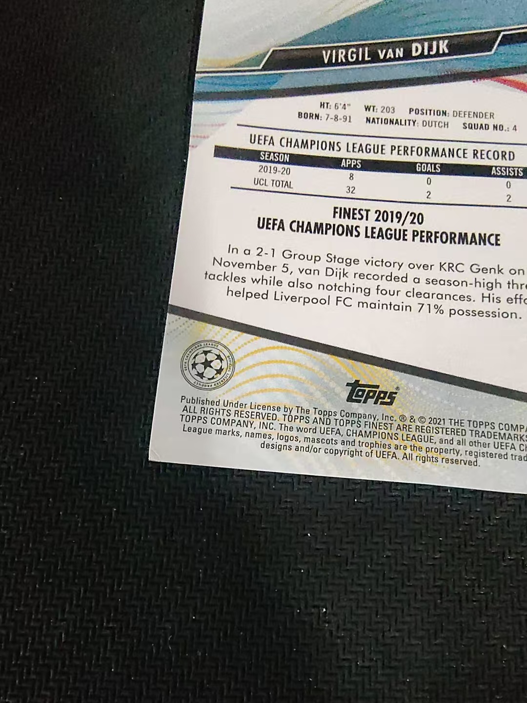 【可合并,不累计】2021 Topps Finest Virgil van Dijk 利物浦 范戴克 欧冠 划痕 边角瑕疵 #98