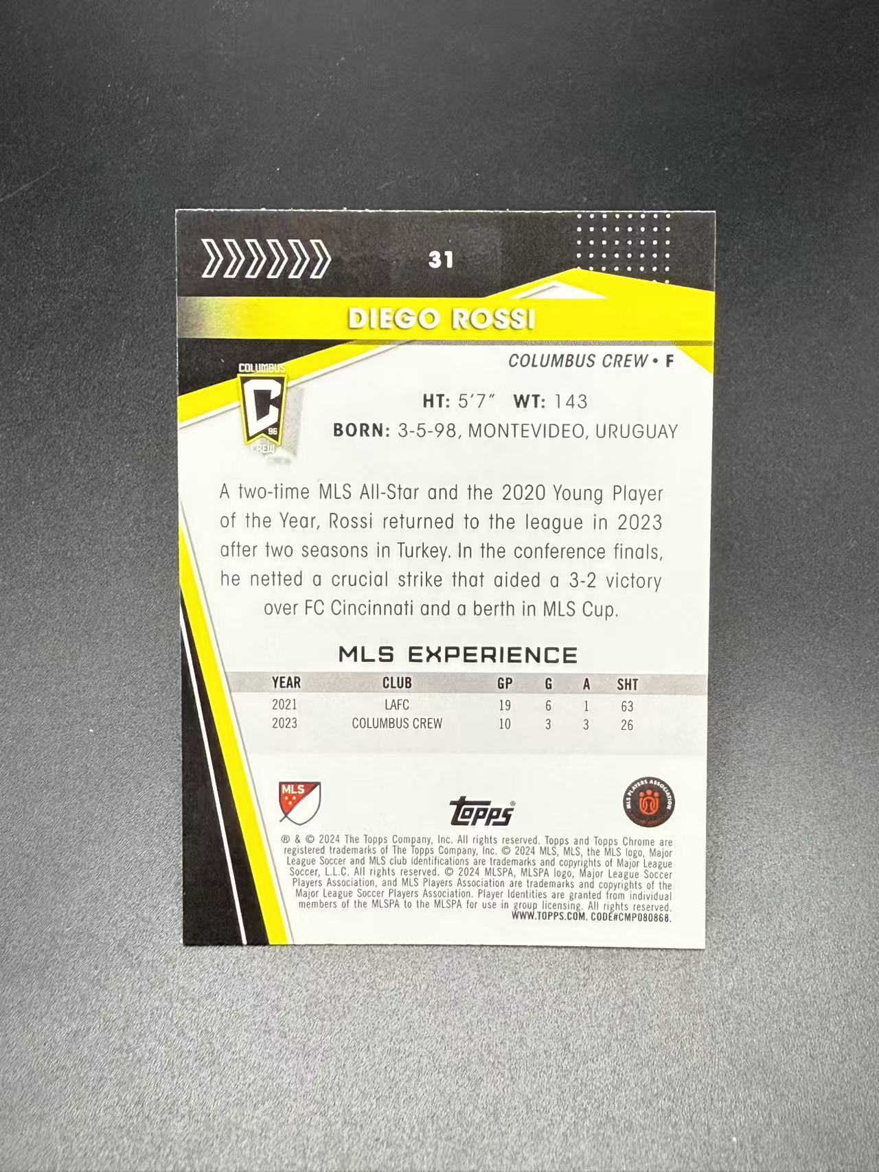 2024 Topps Chrome Diego Rossi #31 迭戈 罗西 哥伦布机员 美职联TC 紫折 Base 199编 专收必备 阿太