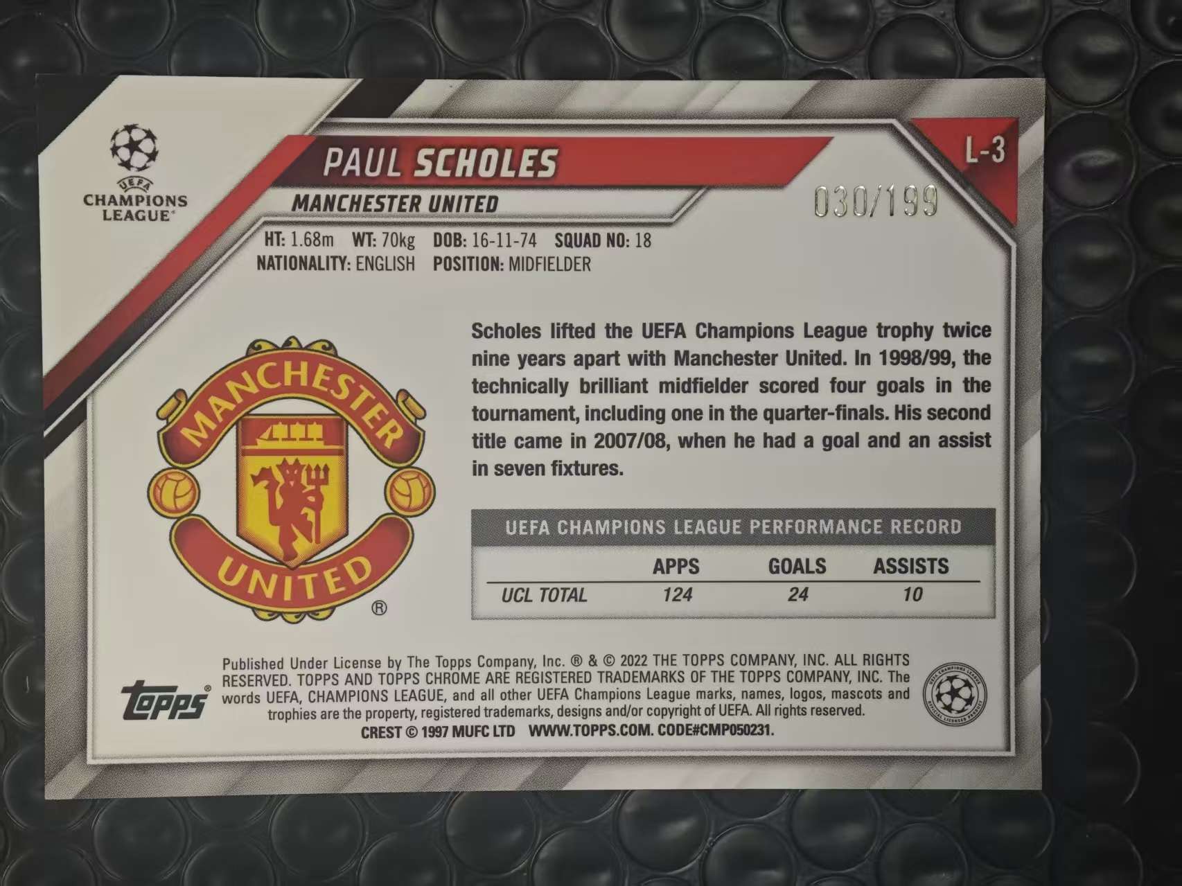 2022 Topps Chrome Paul Scholes 欧冠TC 曼联 生姜头 斯科尔斯 030/199编 青折 折射 卡品如图【原地起飞卡社】MVP11.11