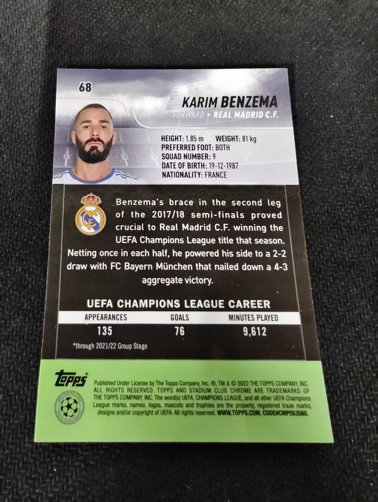 【可合并,不累计】2022 Topps Stadium Club Chrome Karim Benzema 本泽马 皇马 竞技场 欧冠 划痕 边角瑕疵 #68