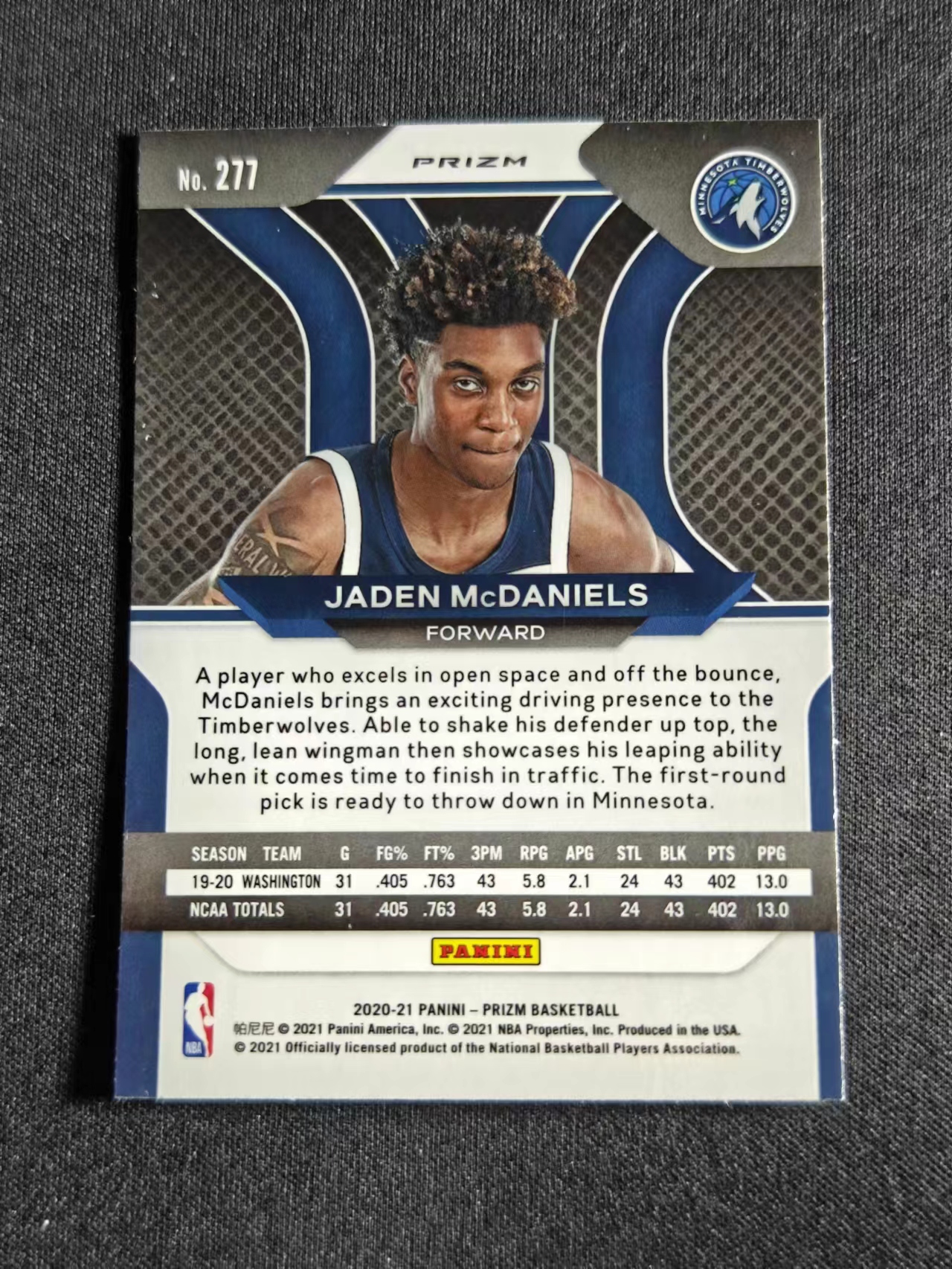 2020 21 Panini Prizm Jaden Mcdaniels 【无疫烦拍卖】pz 森林狼 杰登麦克丹尼尔斯 新秀rc 紫波纹折