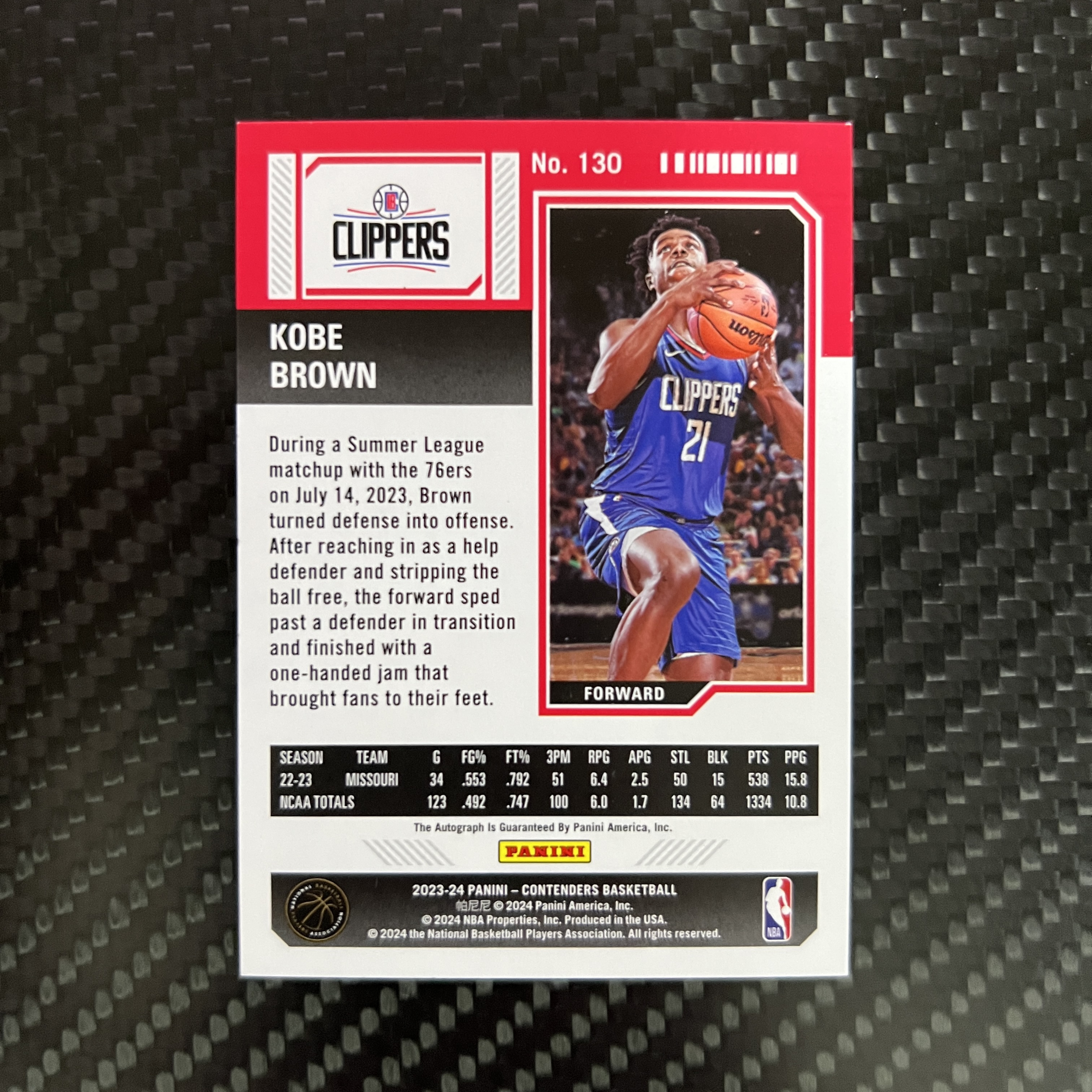 2023-24 Panini Contenders Kobe Brown RC 【杰克森拍卖】科比 布朗 快船 新秀 签字 卡签 有瑕疵 介意勿拍 INS