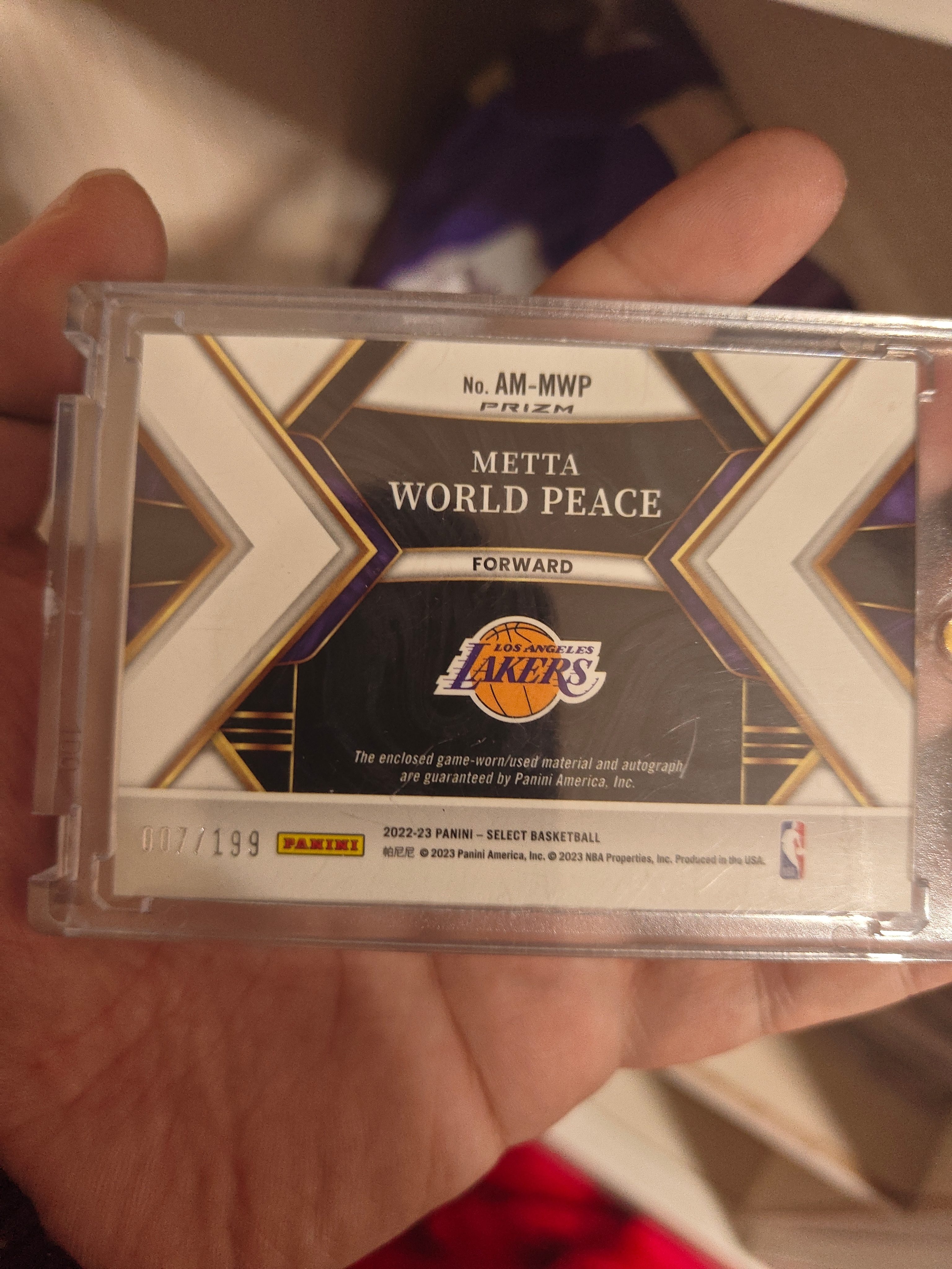 2022-23 Panini Select Metta World Peace #AM-MWP Artest 阿泰斯特 慈世平 世界和平 签字 湖人 切割 球衣 折射 银折 JA