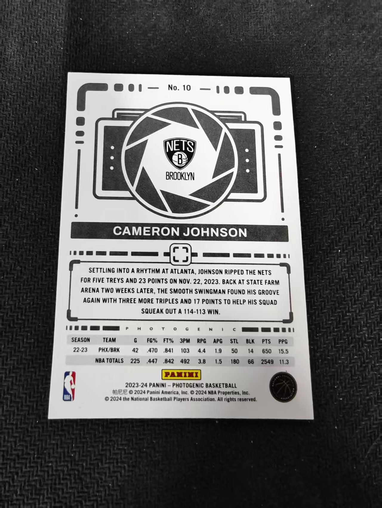 【可合并,不累计】2023-24 Panini Photogenic Cameron Johnson 卡梅隆·约翰逊 篮网 上镜 划痕 边角微瑕 #10