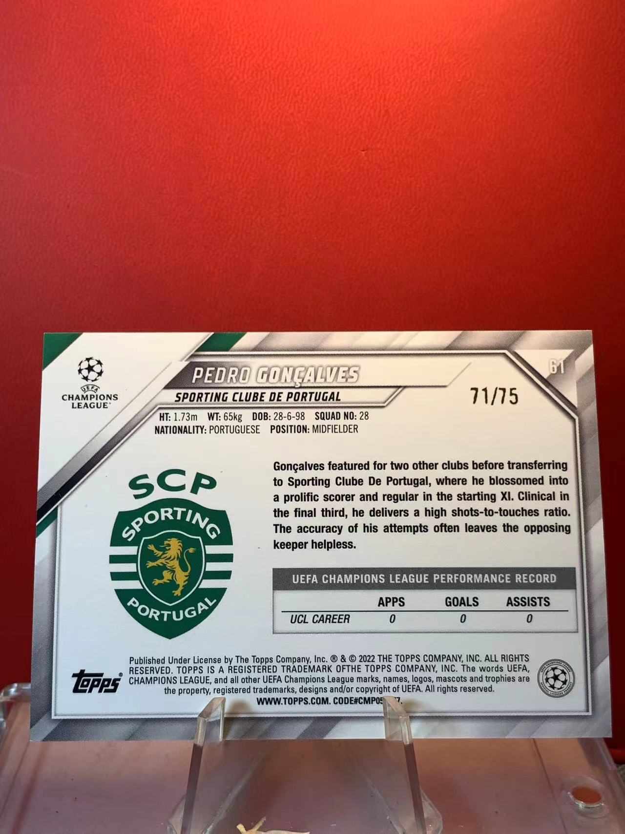 (詹叔代拍)2021-22 Topps Chrome 欧战TC RC Pedro Goncalves 贡萨尔维斯 71/75编 紫折 卡品如图 顺丰寄付