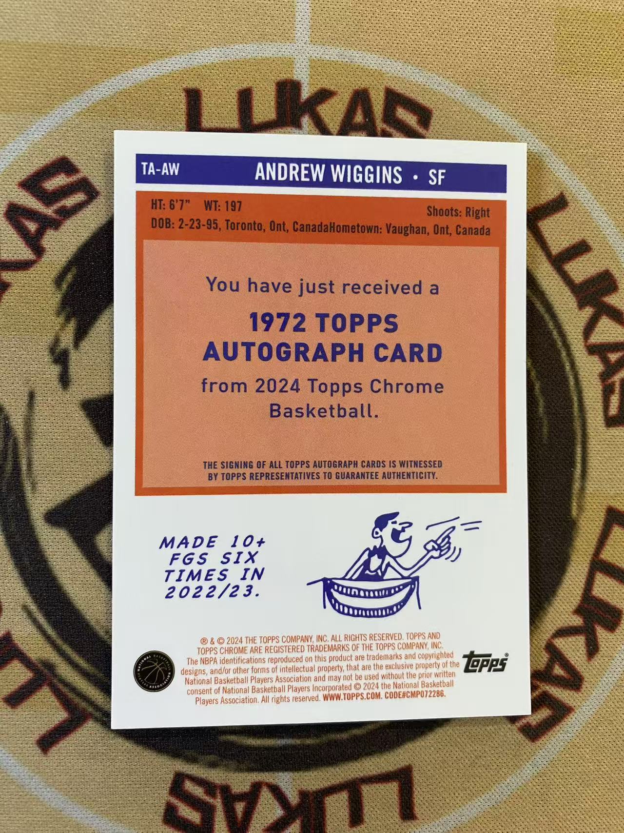 撸卡厮 Lukas 2024 Topps 勇士 总冠军 前锋 状元 安德鲁 维金斯 签字卡(青)