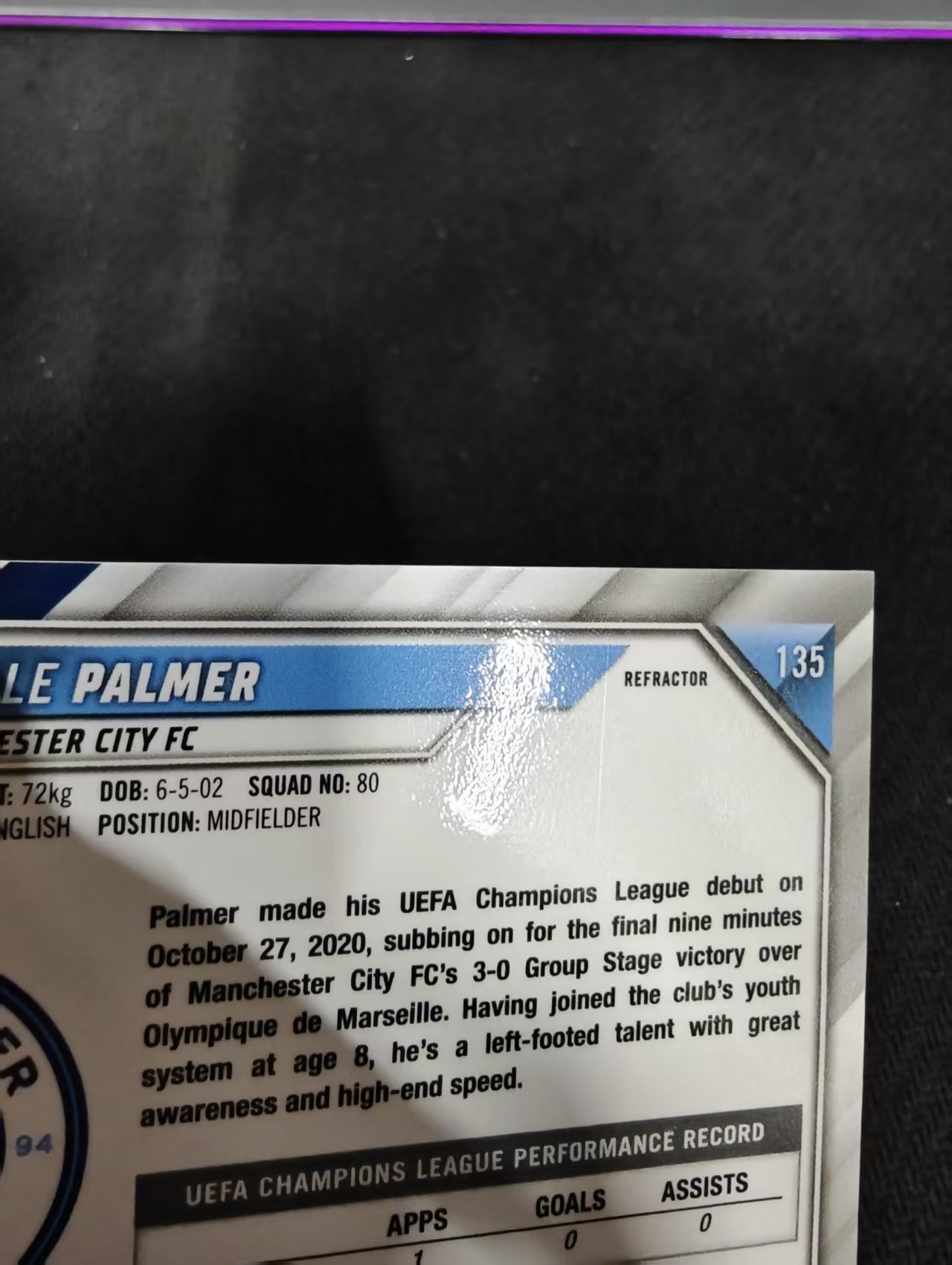 【可合并,不累计】2022 Topps Chrome Cole Palmer 科尔 帕尔默 曼城 切尔西 英格兰 新秀RC 银折 欧冠 划痕 边角瑕疵 #135