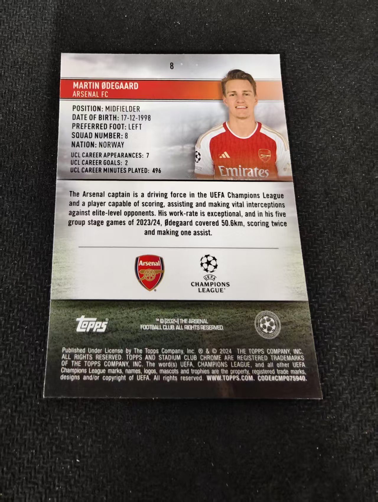 【可合并,不累计】2024 Topps Stadium Club Chrome Martin Odegaard 厄德高 阿森纳 竞技场 欧冠 不保卡品 介意勿拍 #8