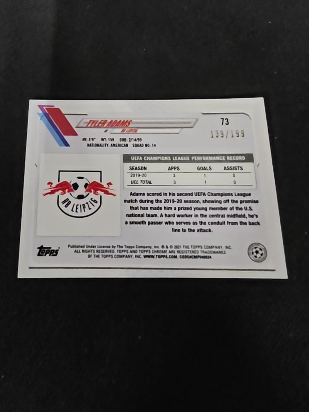 2021 Topps Chrome Tyler Adams 欧冠 莱比锡 泰勒亚当斯 199编 白折 瑕疵如图